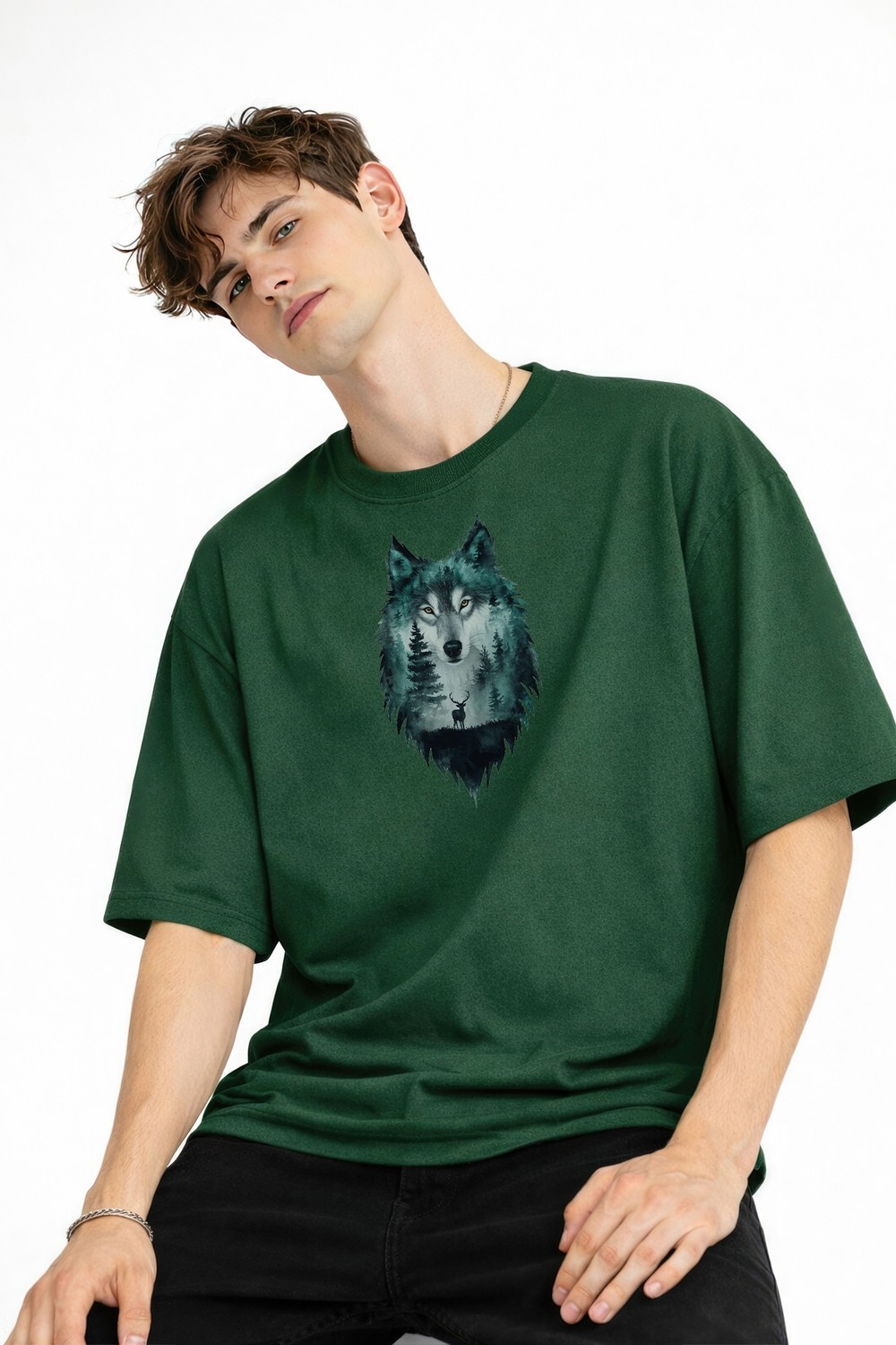 TeknoKapsül Wolf - Oversize Erkek Tişört Hakı görsel 2