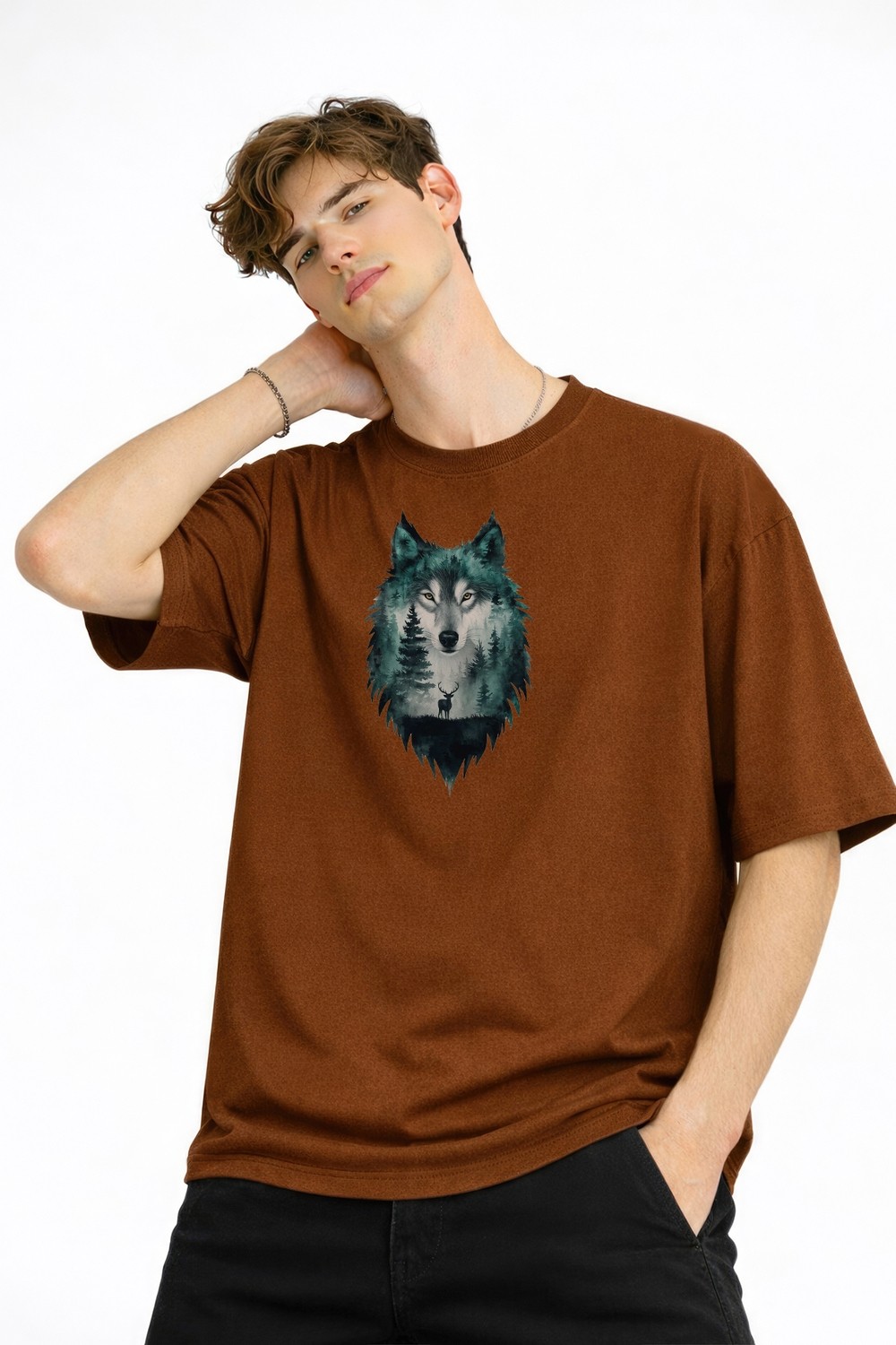 TeknoKapsül Wolf - Oversize Erkek Tişört Kahve görsel 4