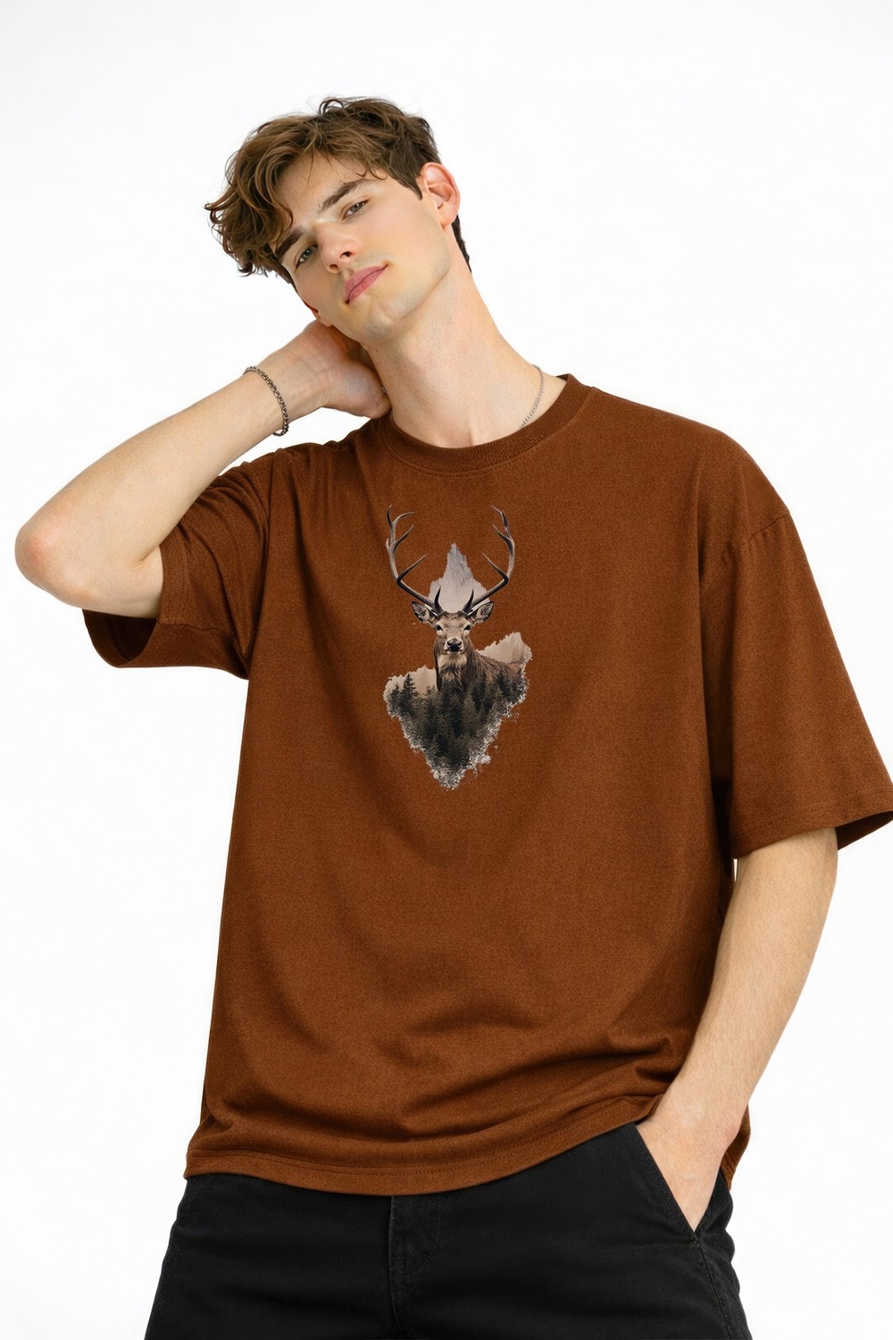 TeknoKapsül Deer - Oversize Erkek Tişört Kahve görsel 4