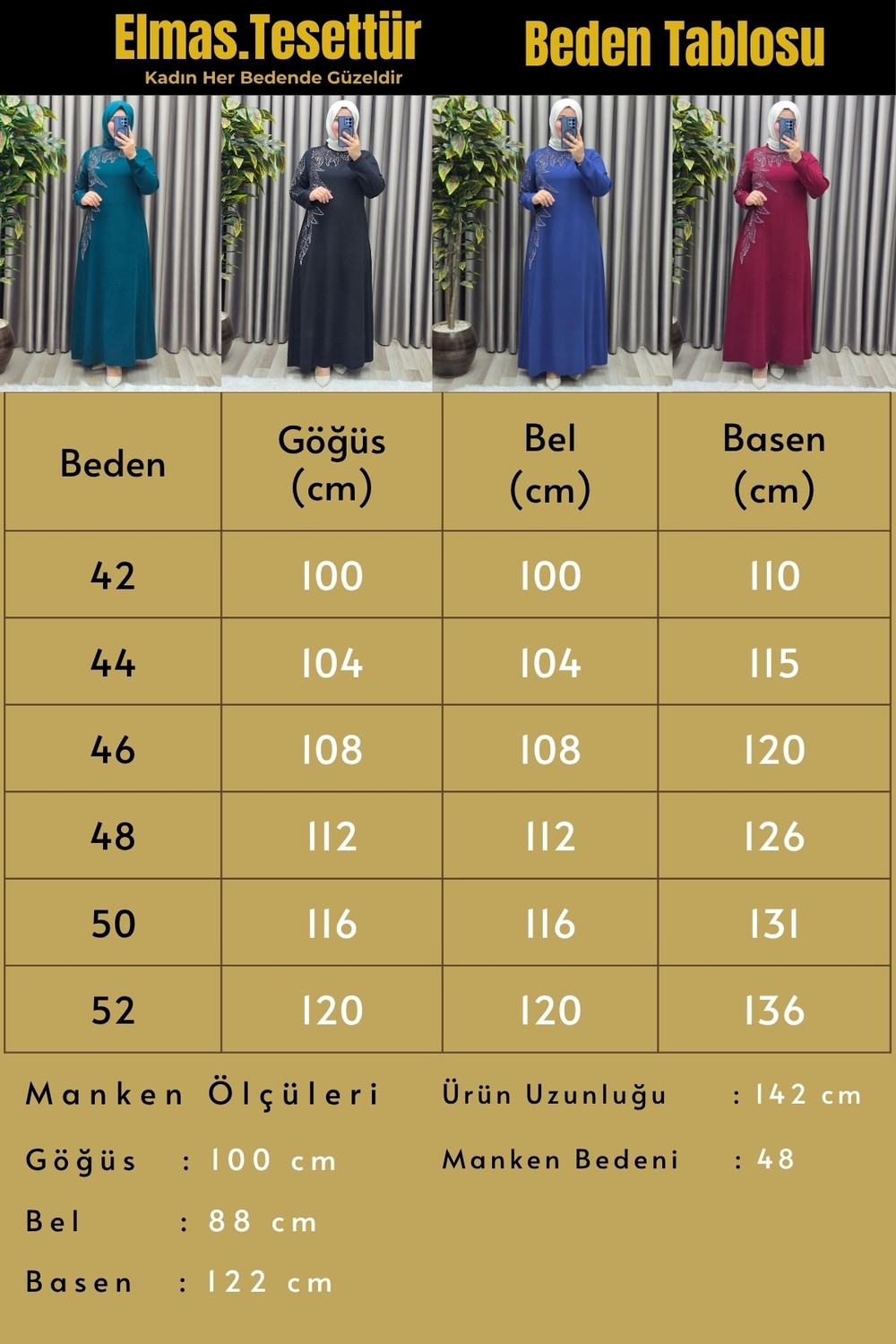 Elmas Tesettür Kadın Giyim Büyük Beden Yaprak Taşlı Kolu ve Önü Incili Krep Kumaş Abiye görsel 3