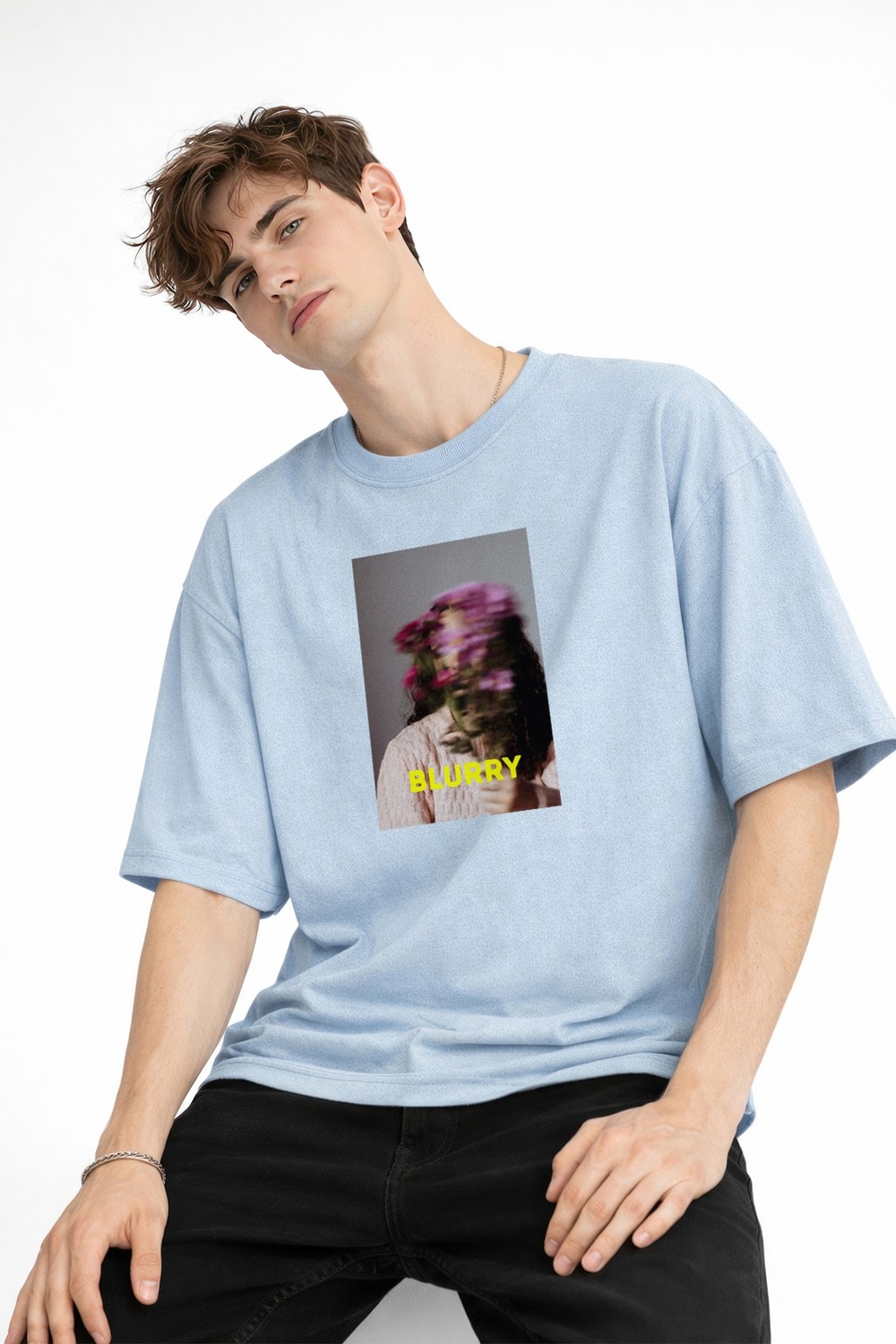 TeknoKapsül Blurry - Oversize Erkek Tişört Bebek Mavisi görsel 2