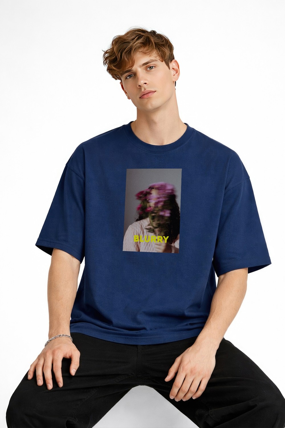TeknoKapsül Blurry - Oversize Erkek Tişört Koyu Mavi görsel 2