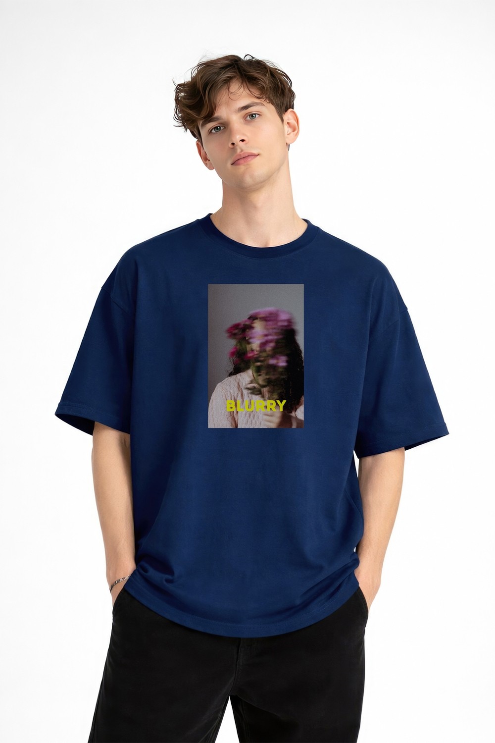 TeknoKapsül Blurry - Oversize Erkek Tişört Koyu Mavi görsel 3