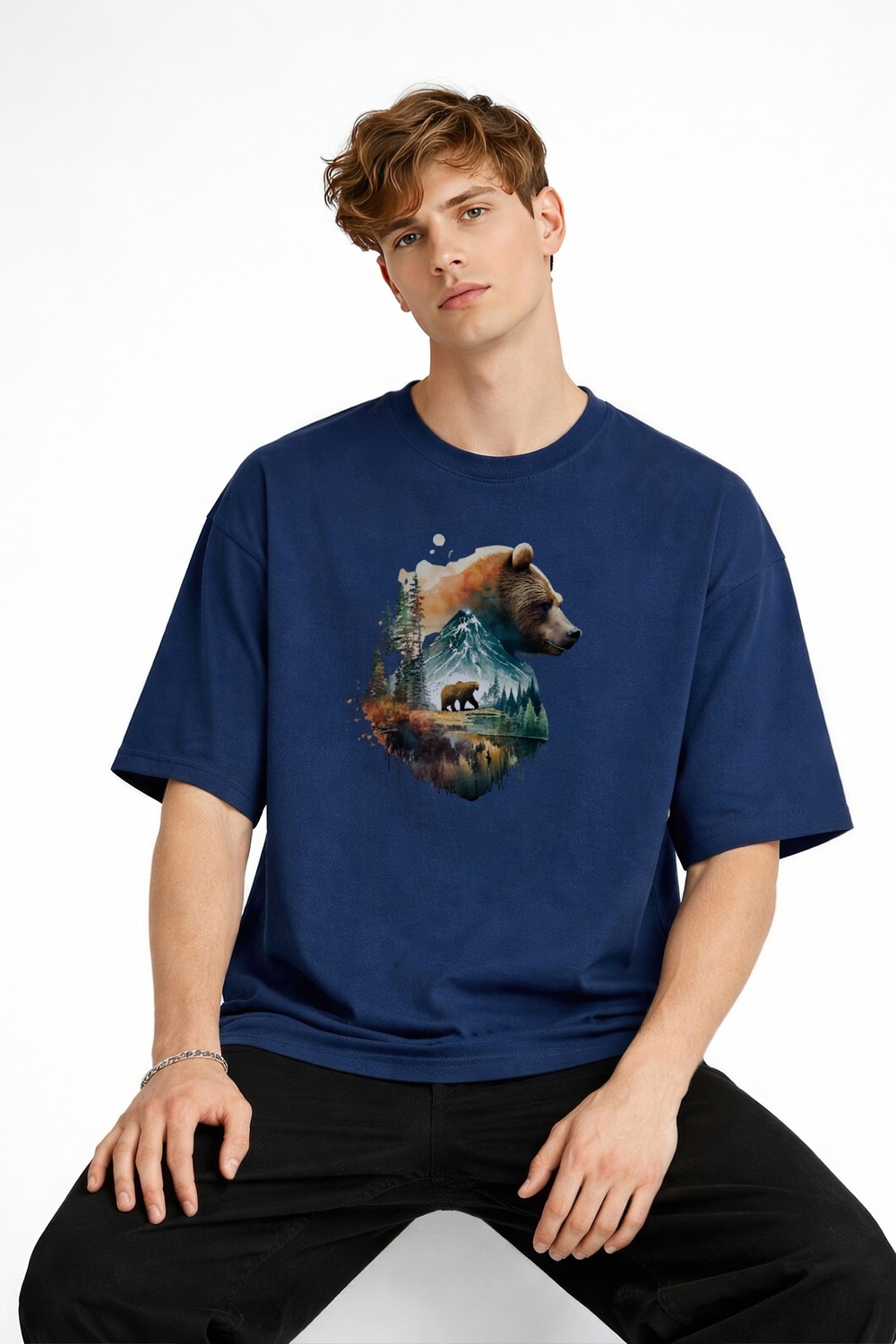 TeknoKapsül Bear2 - Oversize Tişört Koyu Mavi