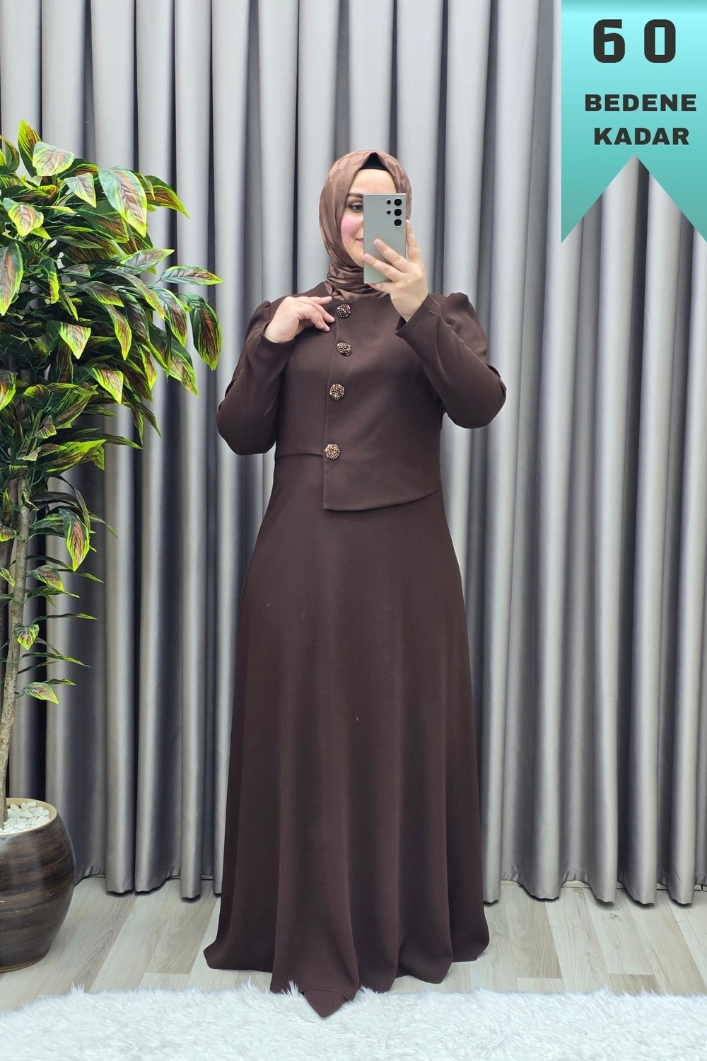Elmas Tesettür Kadın Giyim Büyük Beden Elmas Düğmeli Mevlana Krep Abiye Elbise