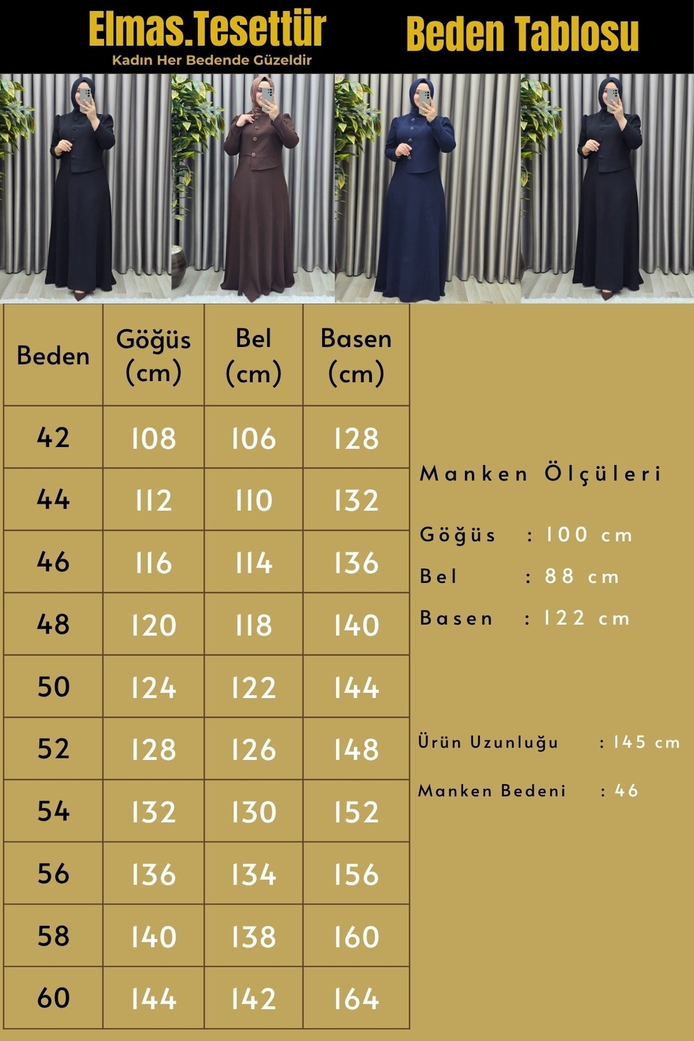 Elmas Tesettür Kadın Giyim Büyük Beden Elmas Düğmeli Mevlana Krep Abiye Elbise görsel 3