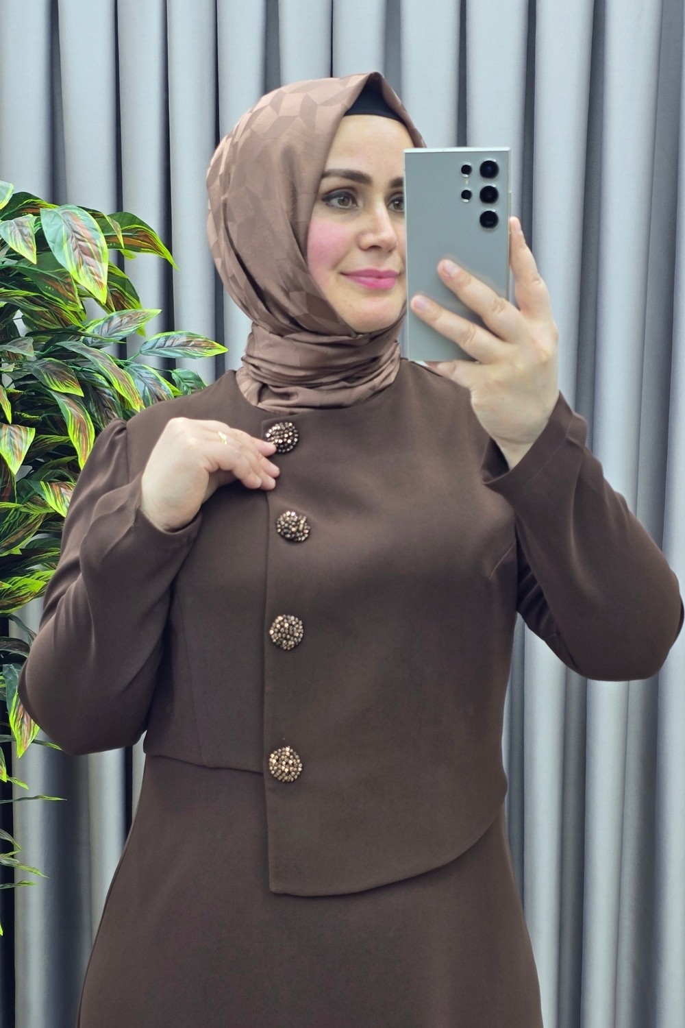 Elmas Tesettür Kadın Giyim Büyük Beden Elmas Düğmeli Mevlana Krep Abiye Elbise görsel 6