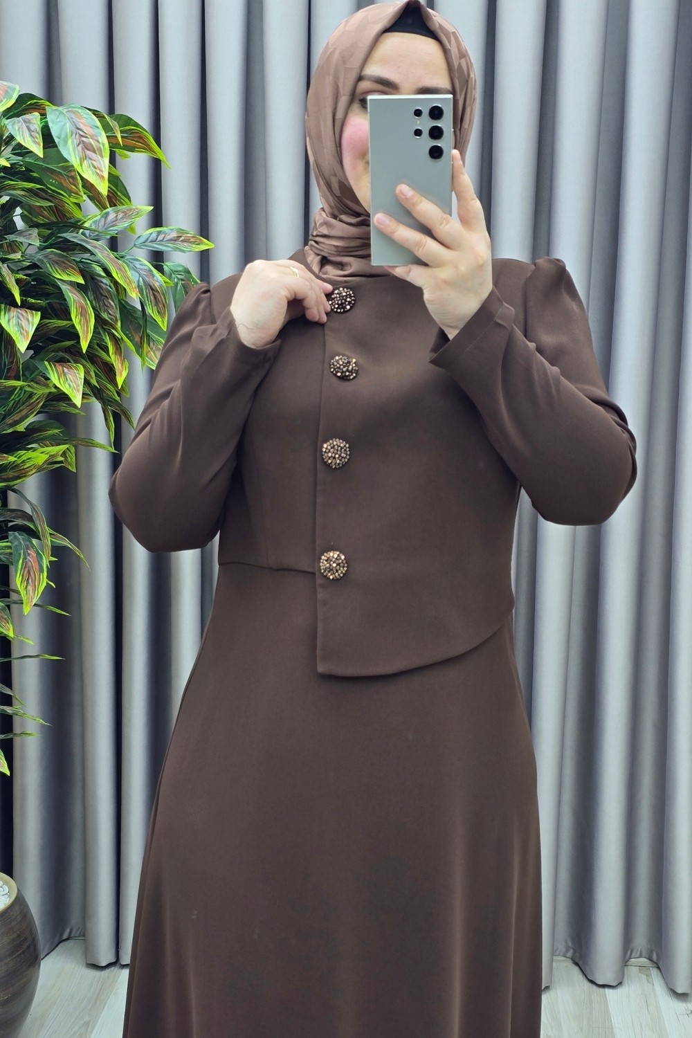 Elmas Tesettür Kadın Giyim Büyük Beden Elmas Düğmeli Mevlana Krep Abiye Elbise görsel 7
