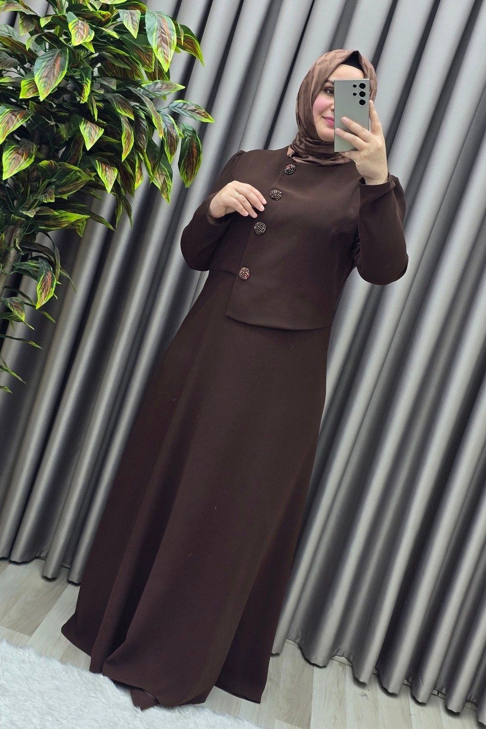 Elmas Tesettür Kadın Giyim Büyük Beden Elmas Düğmeli Mevlana Krep Abiye Elbise görsel 8