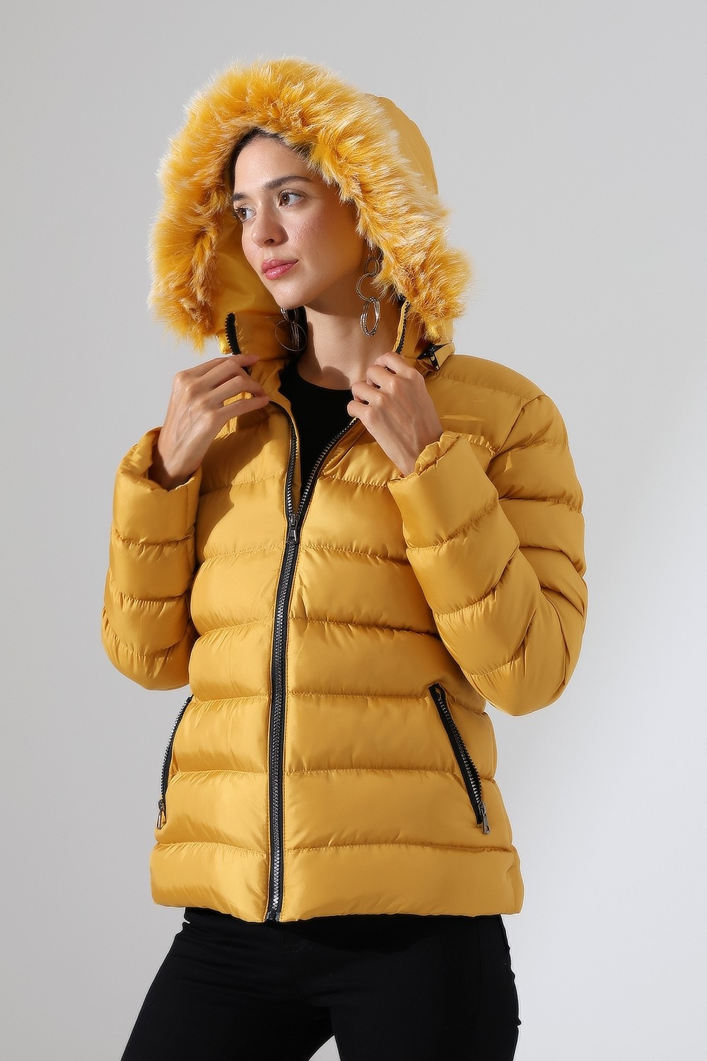 Tals Moda Kadın Silim Fit Çıkarılabilir Kapişonlu Mont görsel 3