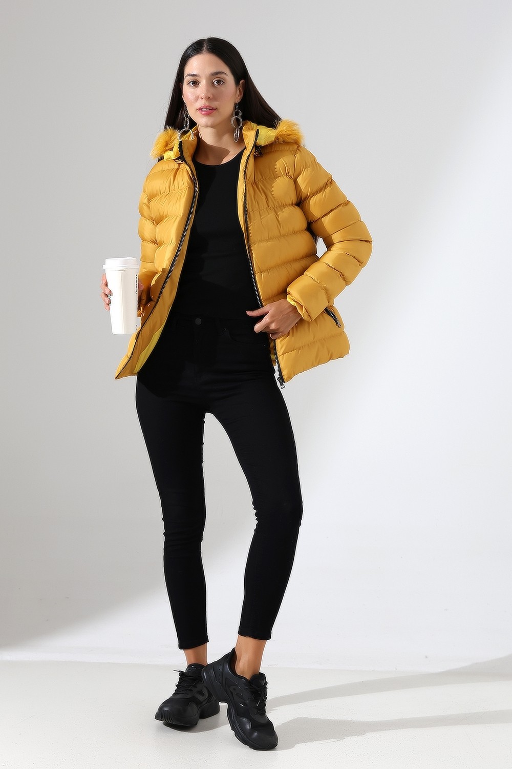 Tals Moda Kadın Silim Fit Çıkarılabilir Kapişonlu Mont görsel 5