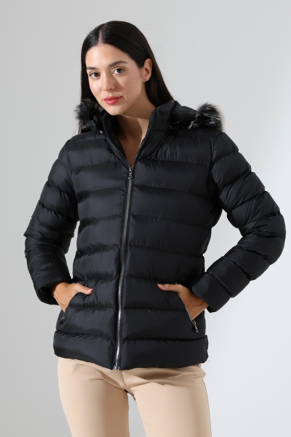 Tals Moda Kadın Silim Fit Çıkarılabilir Kapişonlu Mont görsel 7