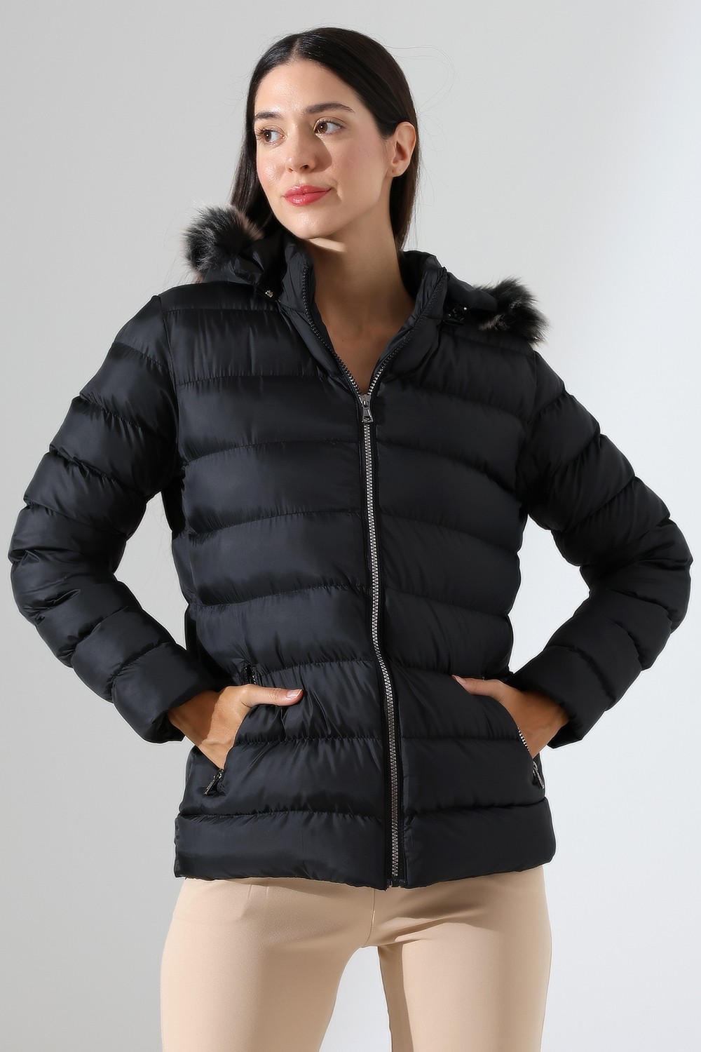 Tals Moda Kadın Silim Fit Çıkarılabilir Kapişonlu Mont görsel 8