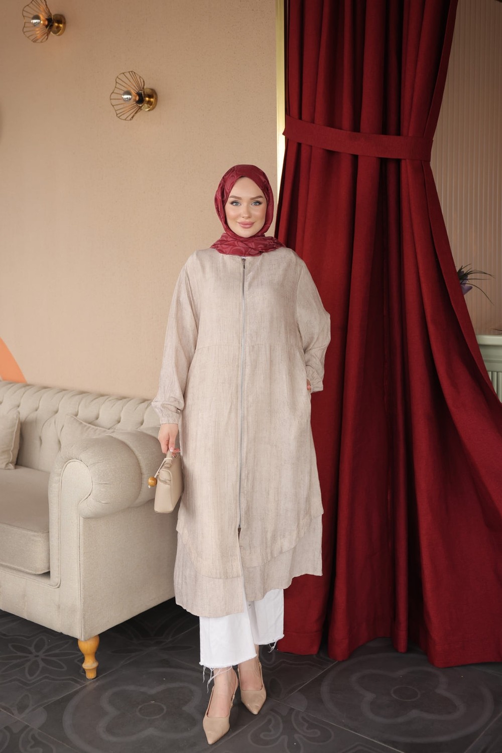 İmaj Butik Bej Fermuarlı Cepli Kap