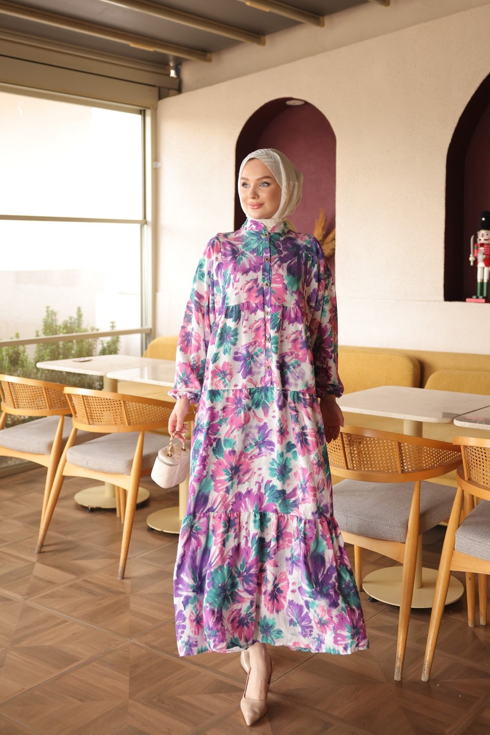 İmaj Butik Kahverengi Yarım Düğmeli Kol Lastikli Eteği Katlı Viskon Elbise