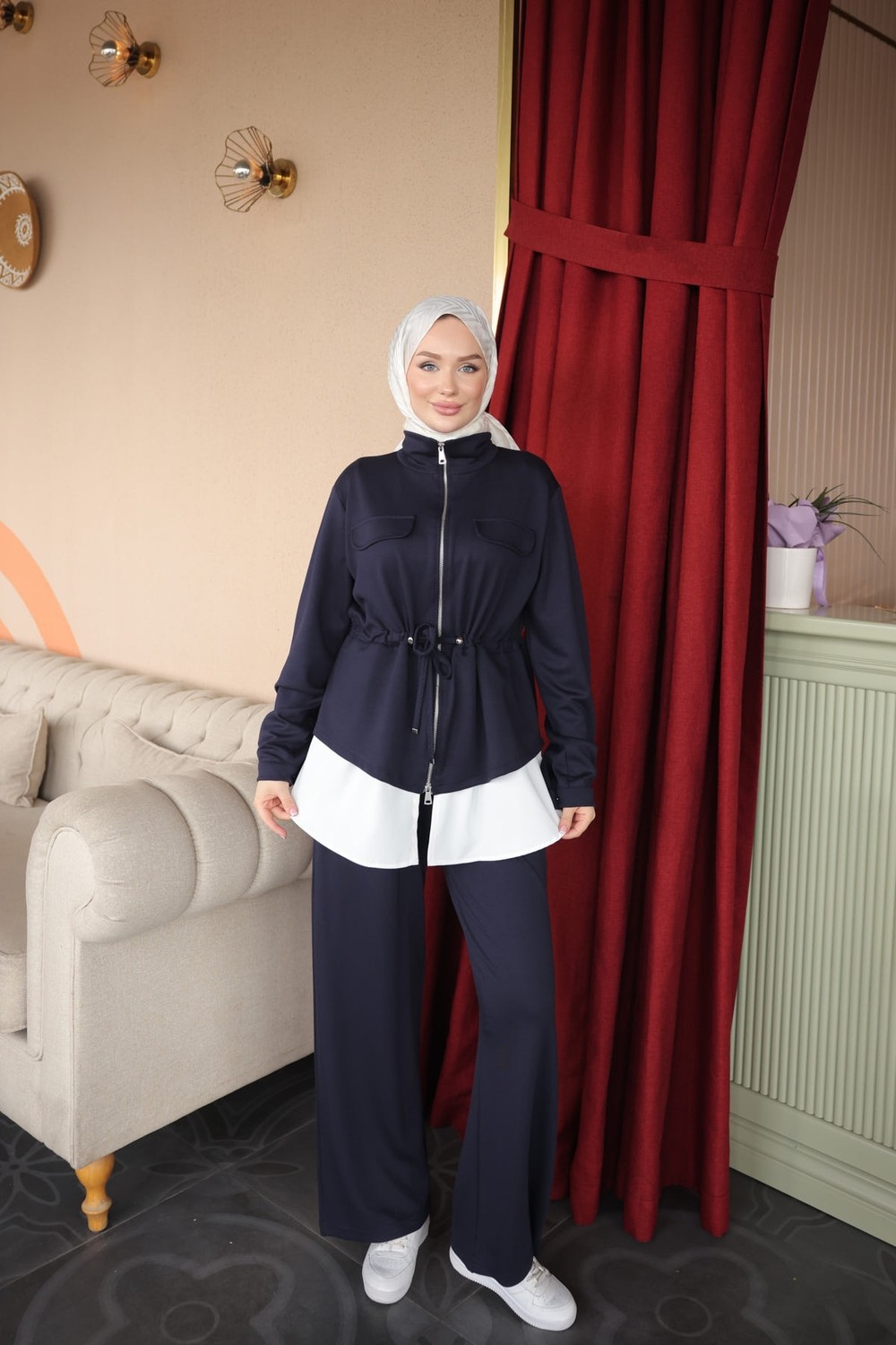 İmaj Butik Lacivert Bel Bağlamalı Tunik Pantolonlu Takım