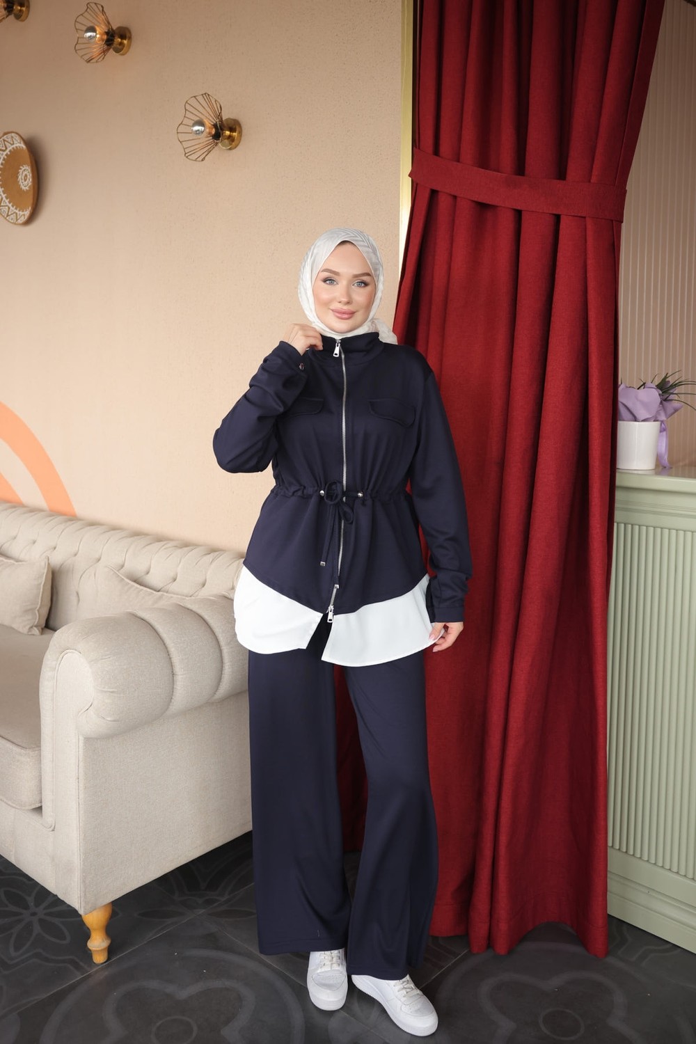 İmaj Butik Lacivert Bel Bağlamalı Tunik Pantolonlu Takım görsel 2