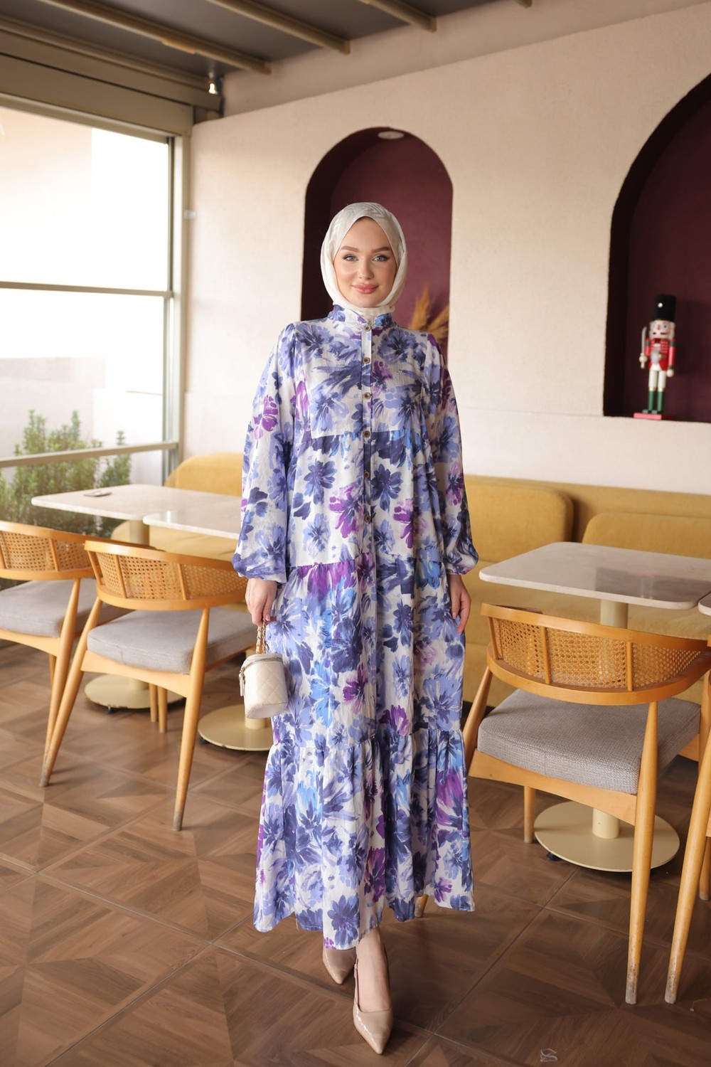 İmaj Butik Kahverengi Yarım Düğmeli Kol Lastikli Eteği Katlı Viskon Elbise görsel 5
