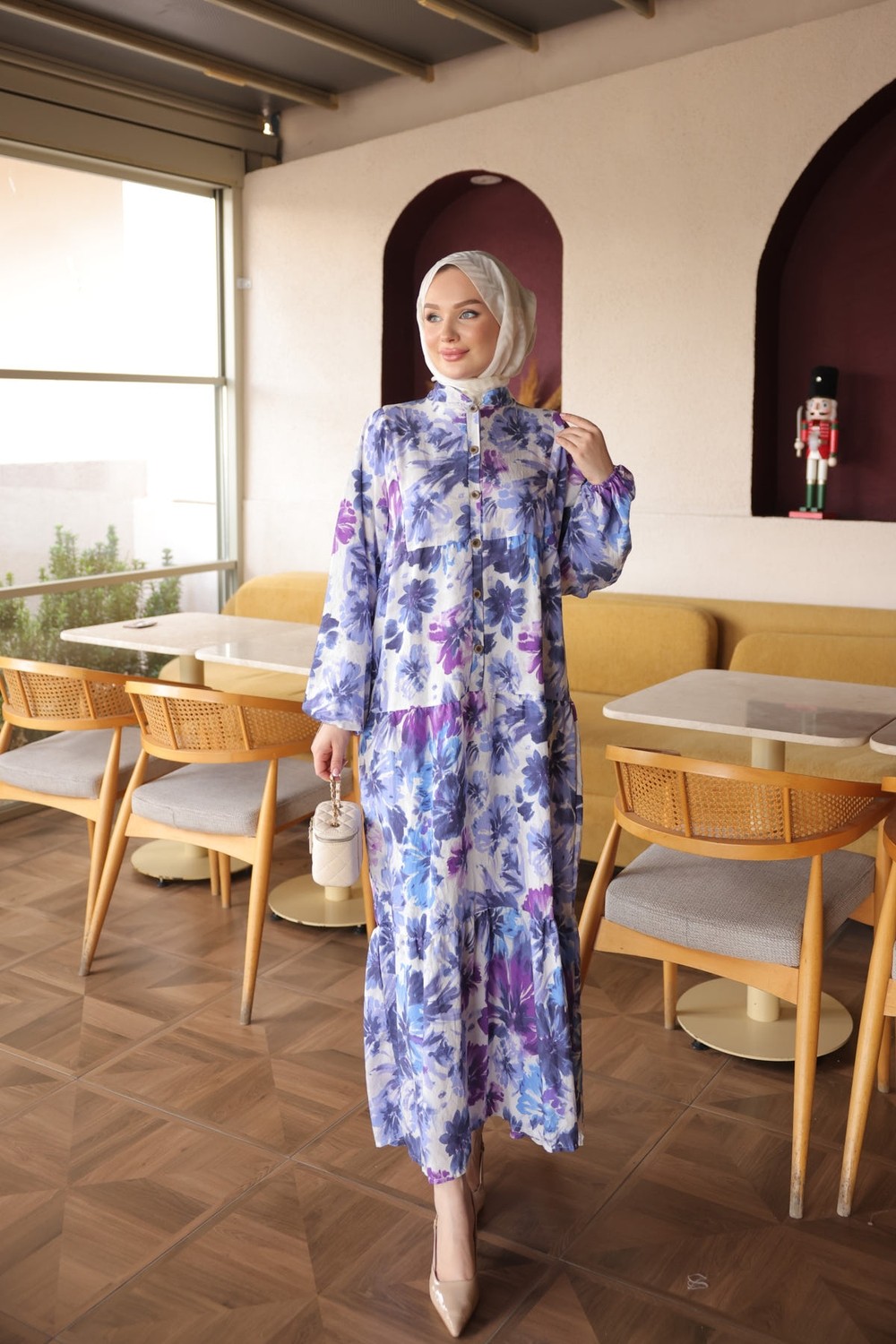 İmaj Butik Kahverengi Yarım Düğmeli Kol Lastikli Eteği Katlı Viskon Elbise görsel 6