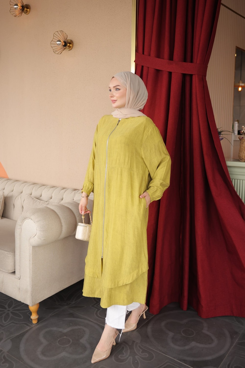 İmaj Butik Bej Fermuarlı Cepli Kap görsel 6