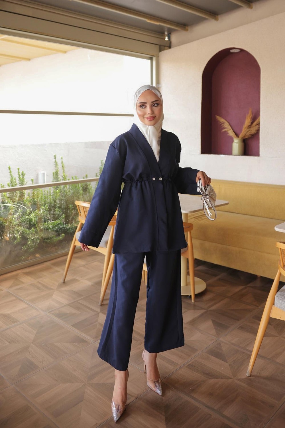 İmaj Butik Lacivert Bel Fırfırlı Lastikli Çift Düğmeli Ceket Pantolonlu Takım
