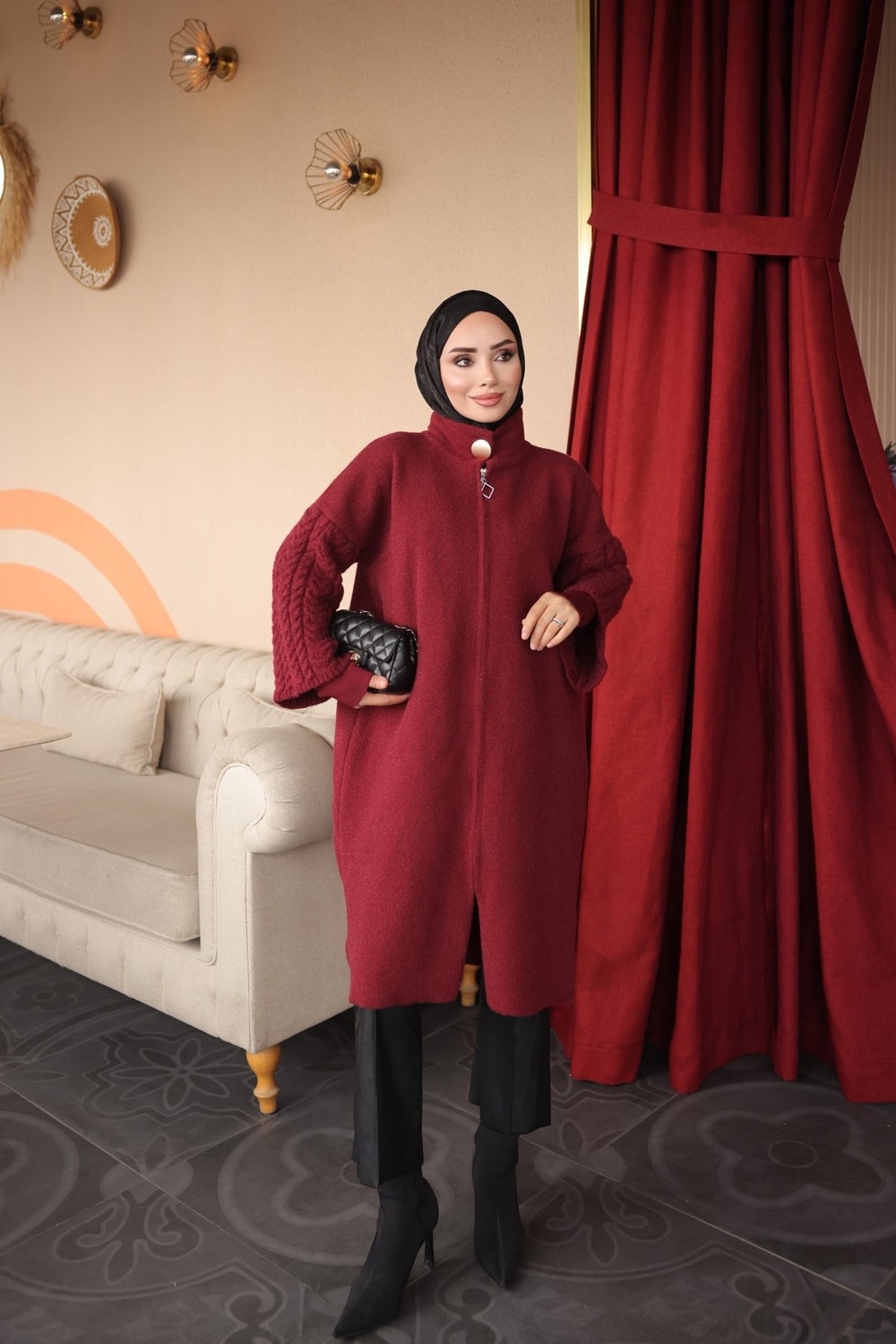 İmaj Butik Siyah Fermuarlı Çift Kol Keçe Hırka görsel 2