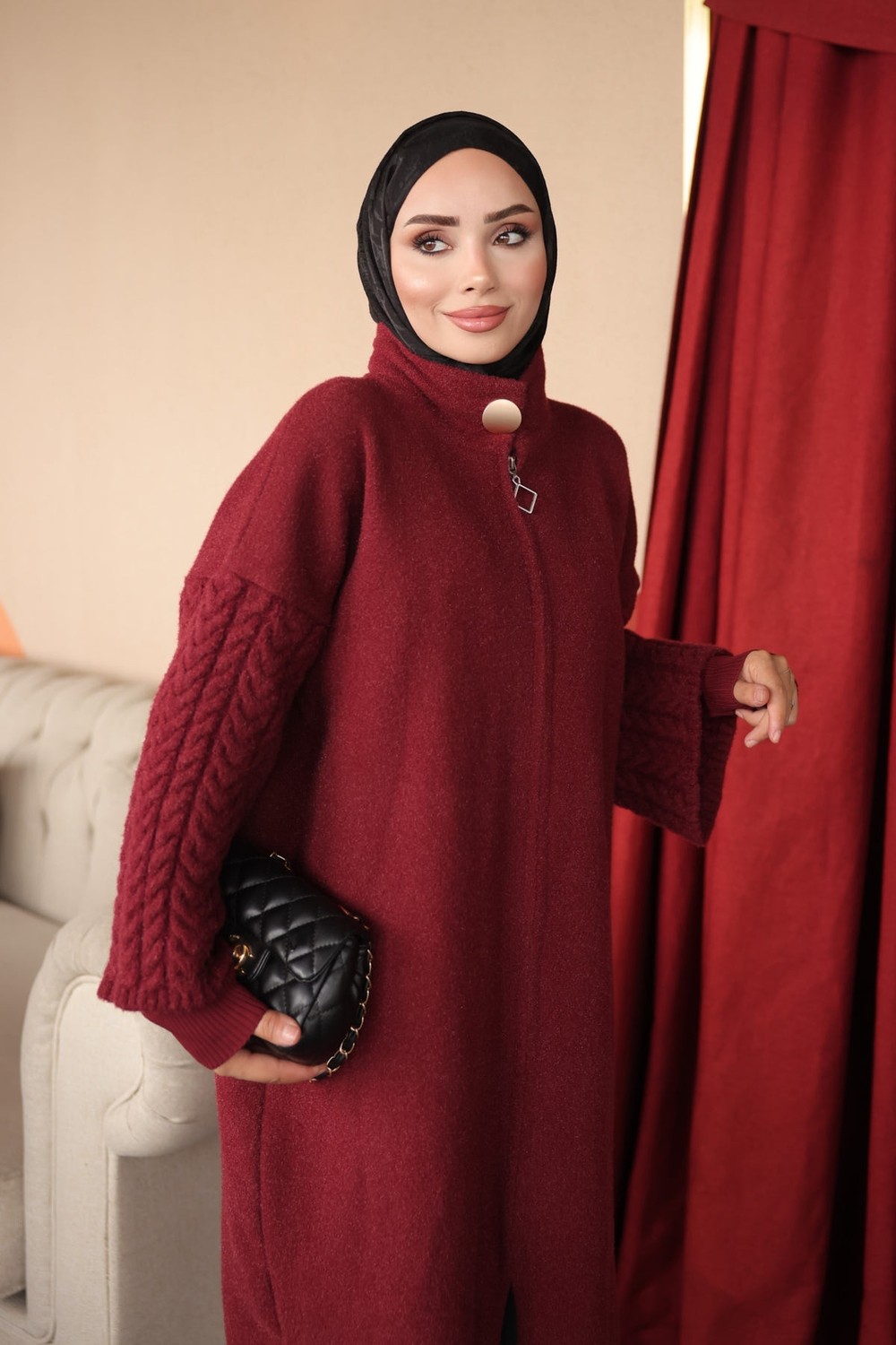 İmaj Butik Siyah Fermuarlı Çift Kol Keçe Hırka görsel 3