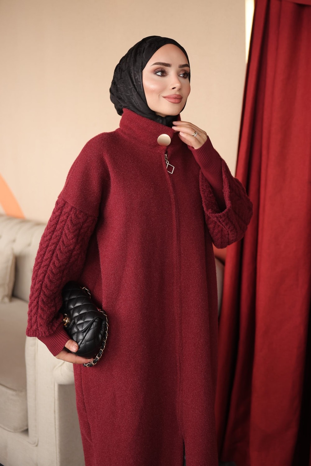 İmaj Butik Siyah Fermuarlı Çift Kol Keçe Hırka görsel 4