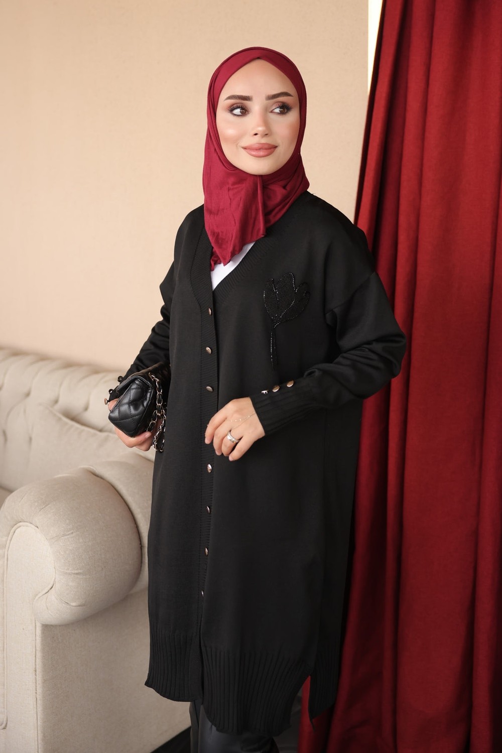 İmaj Butik Siyah Yaka Nakışlı Soğuk Iplik Triko Hırka görsel 6
