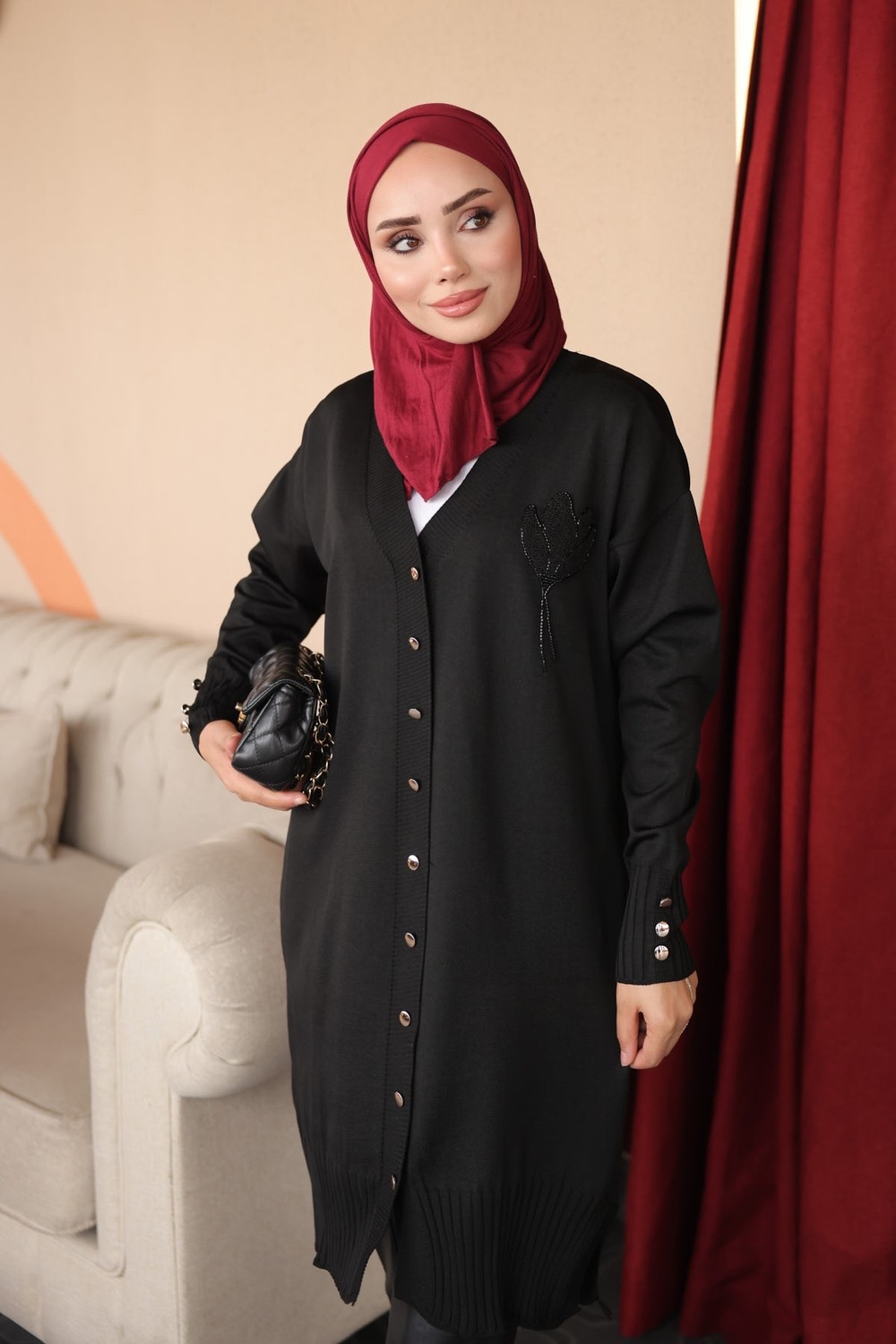 İmaj Butik Siyah Yaka Nakışlı Soğuk Iplik Triko Hırka görsel 8