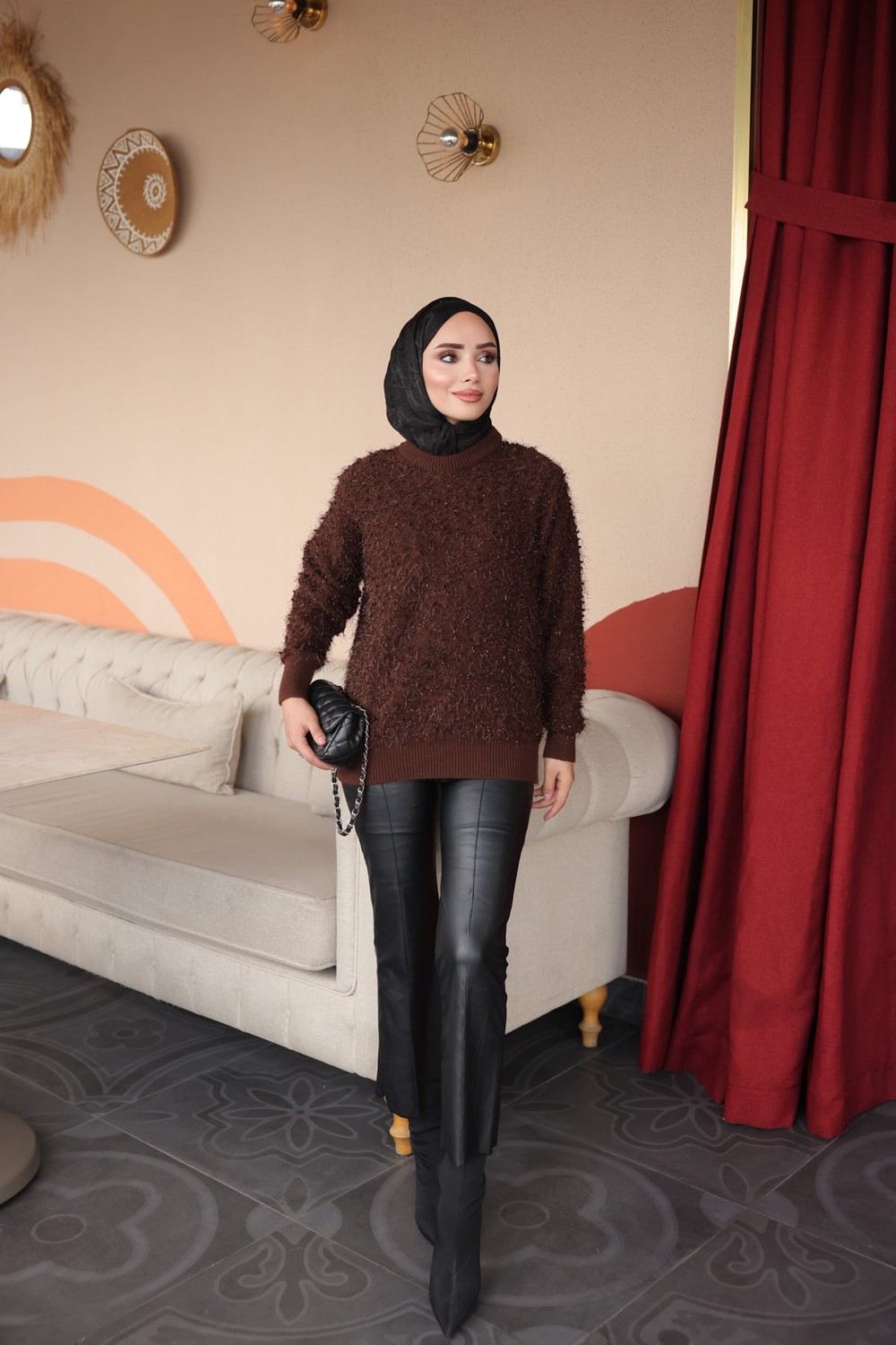 İmaj Butik Kahverengi Bisiklet Yaka Simli Angora Yumoş Triko Kazak görsel 3