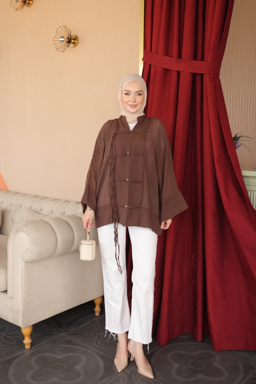 İmaj Butik Mürdüm Biye Düğmeli Kimono görsel 6