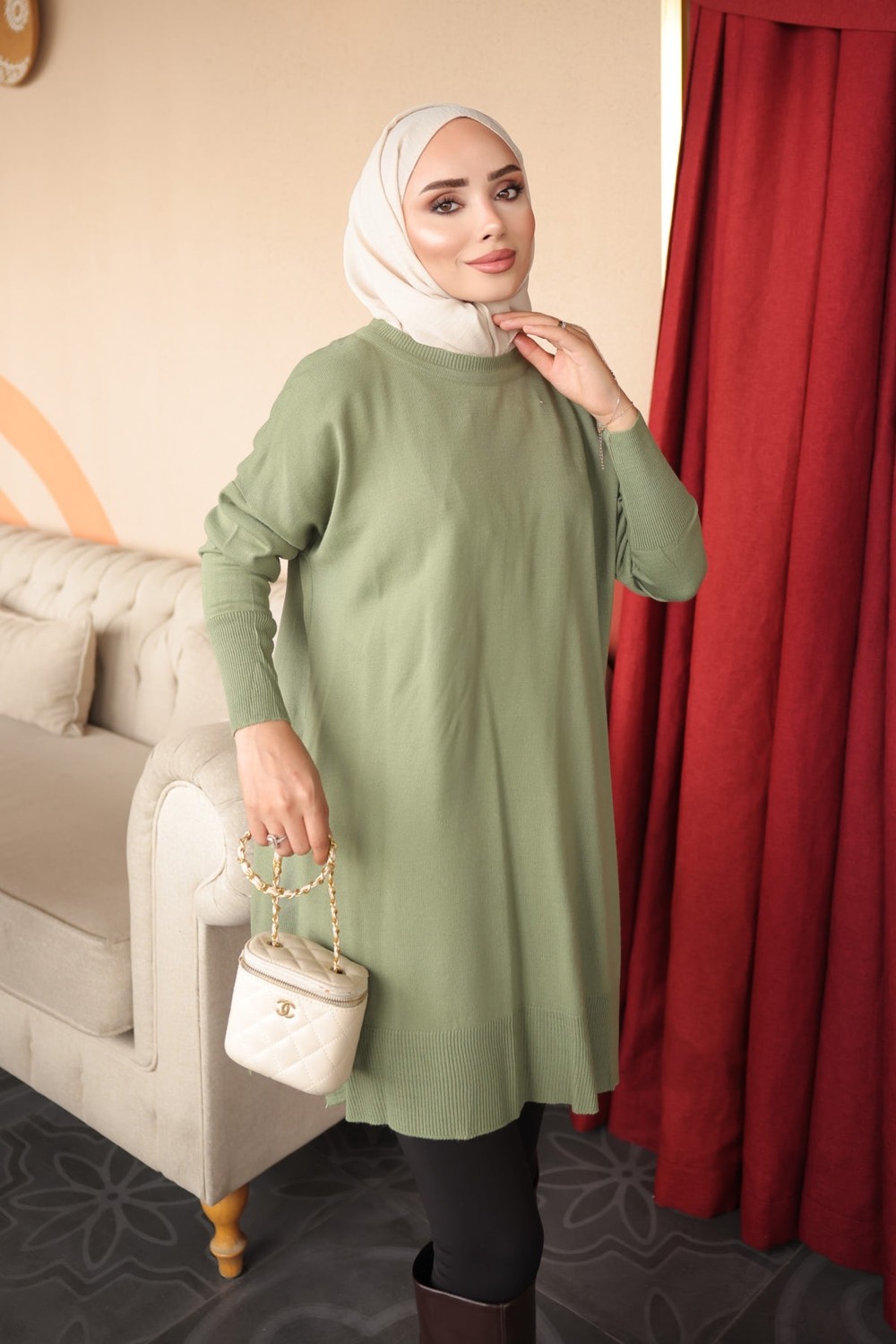 İmaj Butik K. Yağyeşili Salaş Triko Tunik Kadınlar İçin Akrilik Kumaş ve Bisiklet Yaka Tasarımı