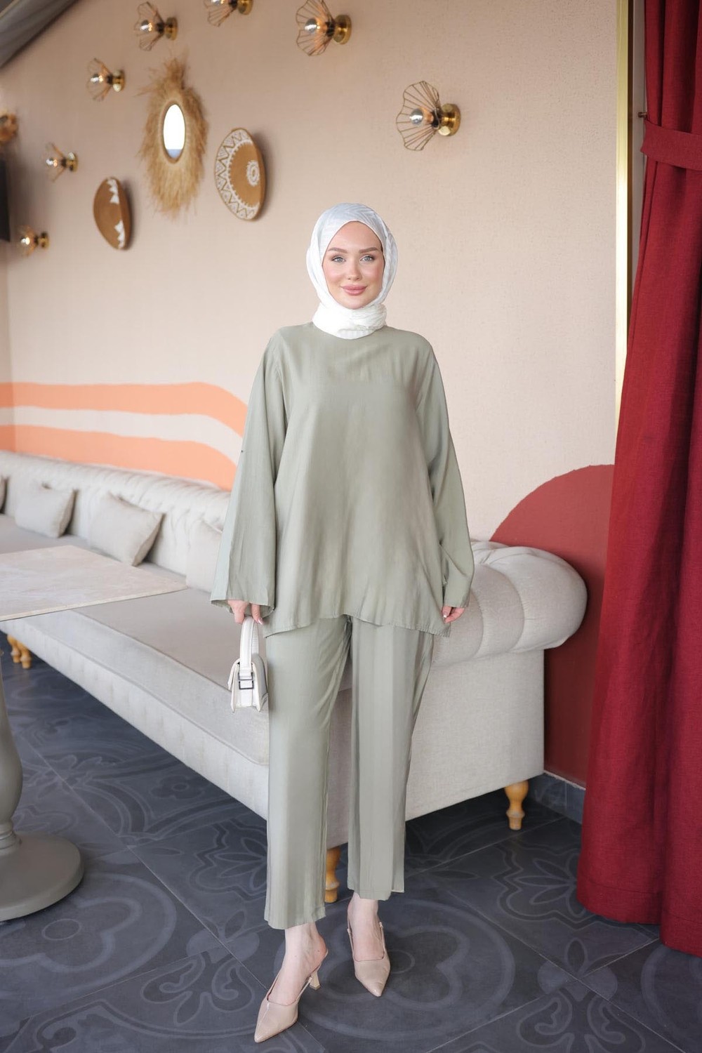 İmaj Butik Açık Haki Ispanyol Kol Tunik Pantolonlu Takım
