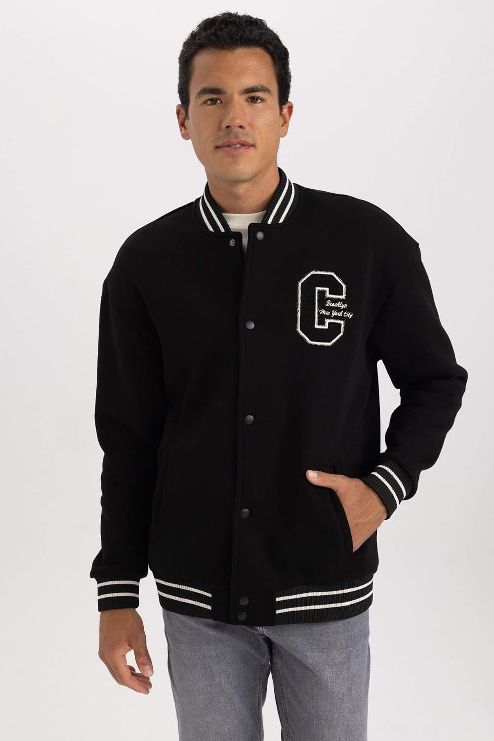 Happy Trend Defacto Erkek Oversize Fit Kolej Yaka Bomber Baskılı Içi Yumuşak Tüylü Kalın Kumaş Hırka görsel 4