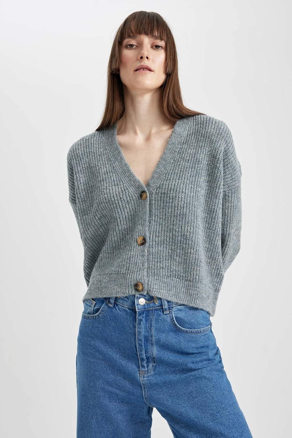 Happy Trend Defacto Kadın Regular Fit V Yaka Selanik Kumaş Hırka görsel 3