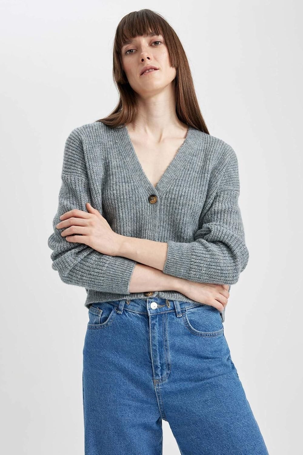 Happy Trend Defacto Kadın Regular Fit V Yaka Selanik Kumaş Hırka görsel 4