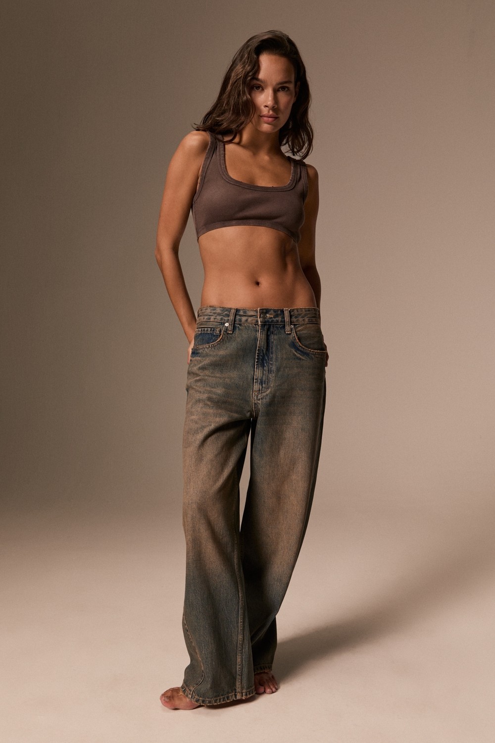 Grimelange Lexy Kadın Düşük Bel Baggy Balon Jean Kahverengi Pantolon görsel 3