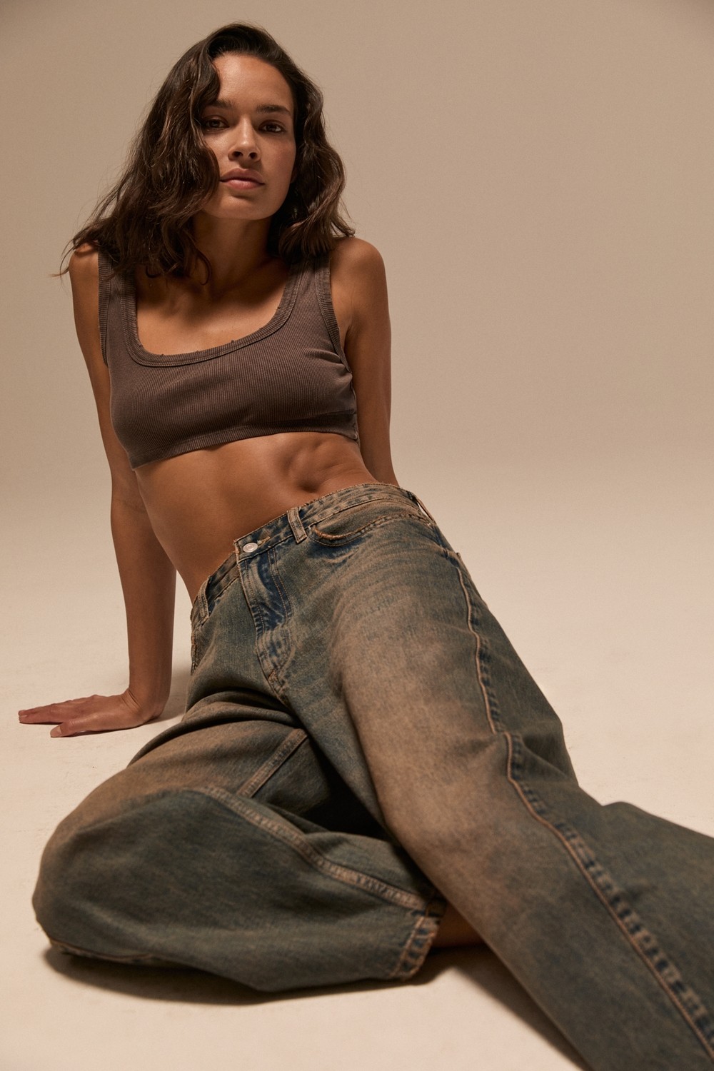 Grimelange Lexy Kadın Düşük Bel Baggy Balon Jean Kahverengi Pantolon görsel 5