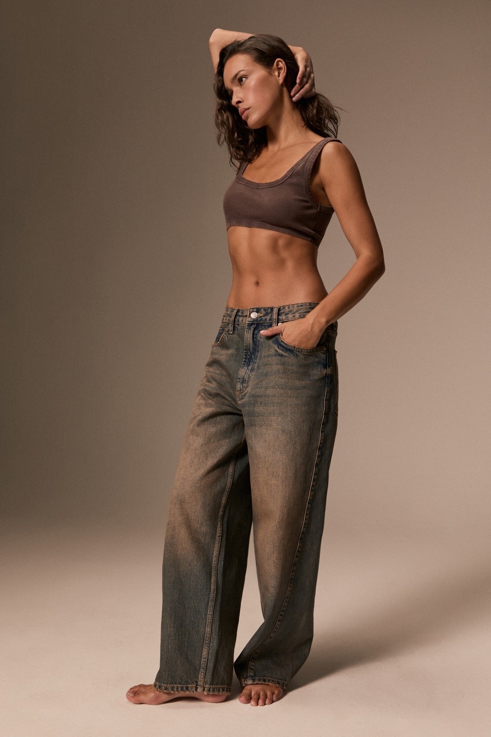 Grimelange Lexy Kadın Düşük Bel Baggy Balon Jean Kahverengi Pantolon görsel 6
