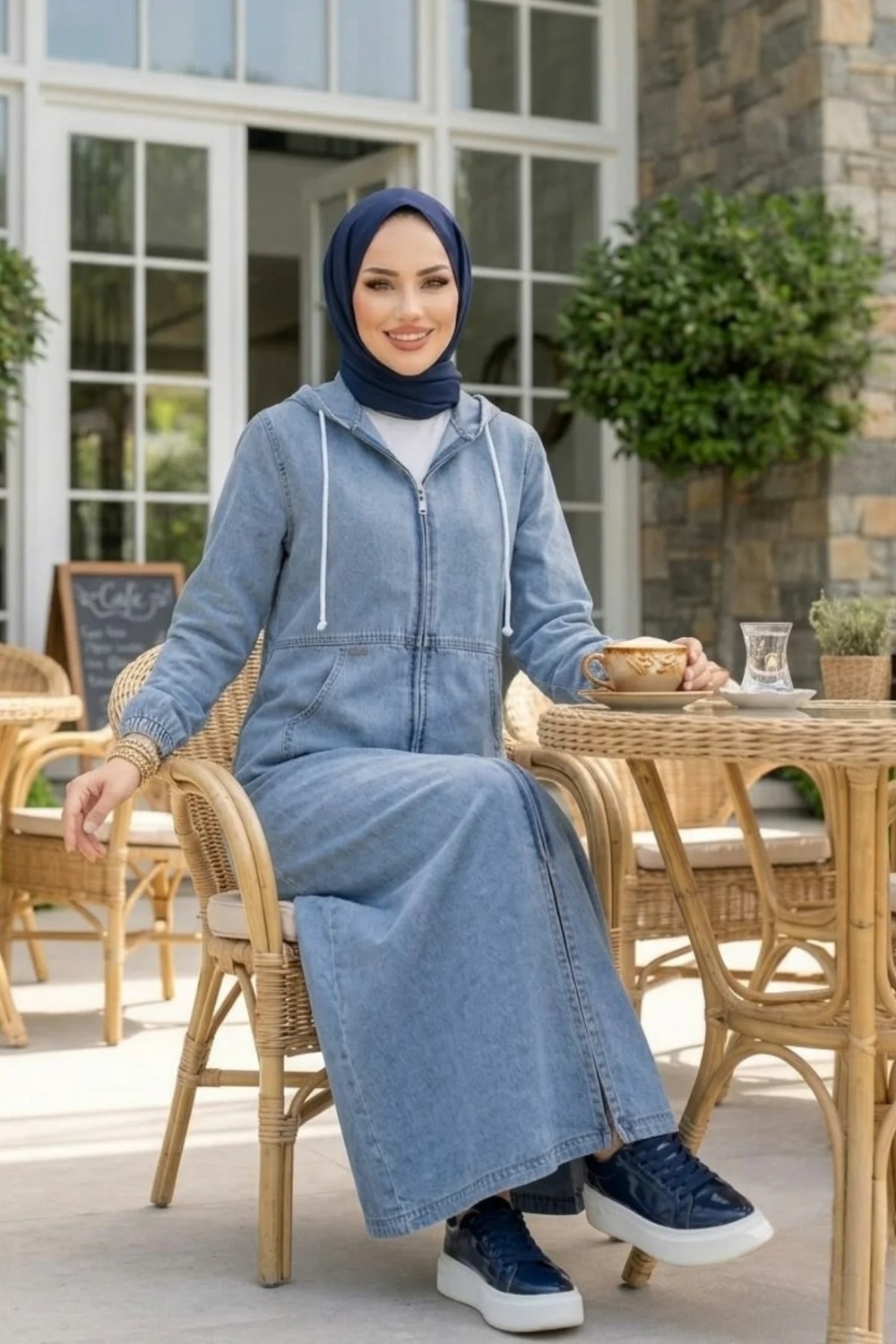 Harma Time Butik Kadın Kapüşonlu Cepli Fermuarlı Kot Mavi Kap görsel 3