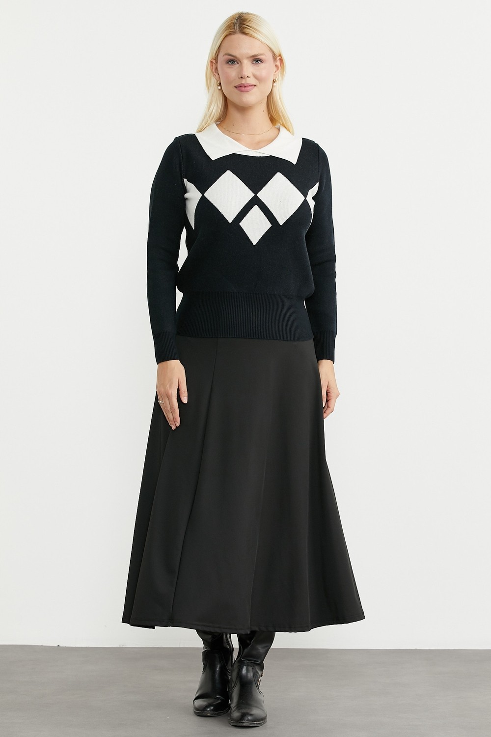 Sementa Yakalı Baklava Motifli Triko Kazak - Kırmızı görsel 6