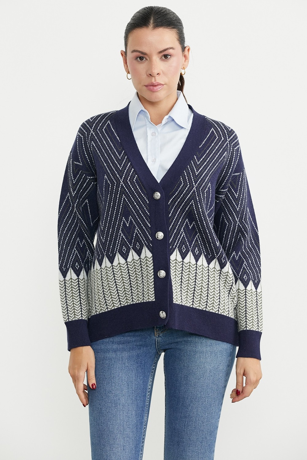 Sementa Oversize Desenli Triko Hırka - Kahve