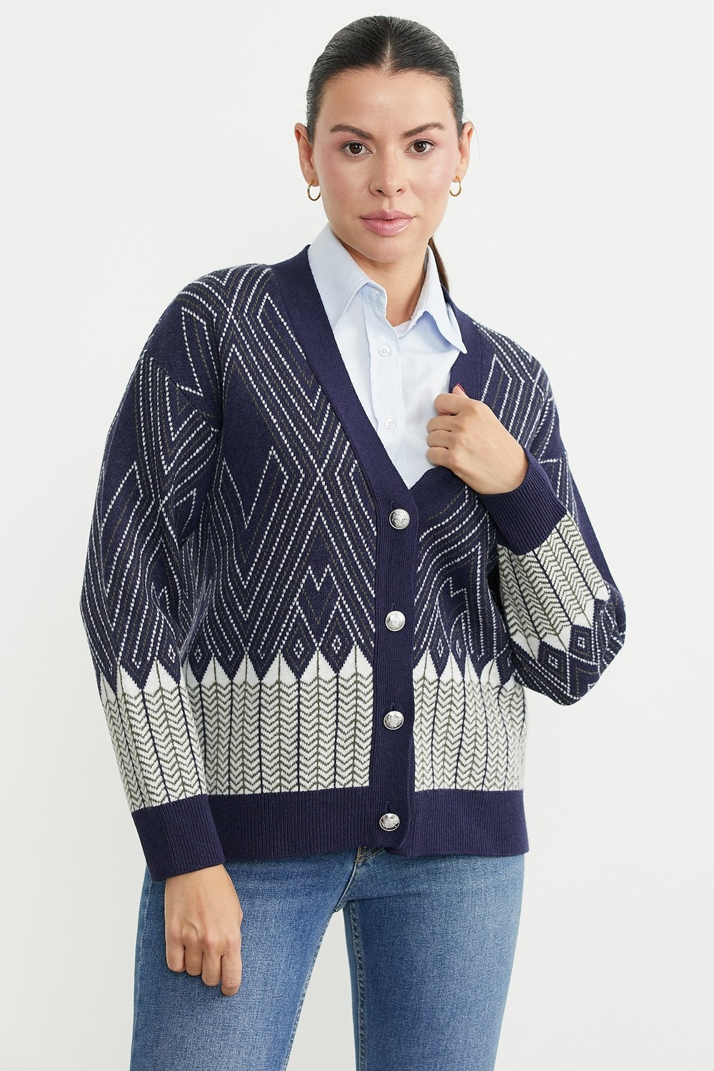Sementa Oversize Desenli Triko Hırka - Kahve görsel 3