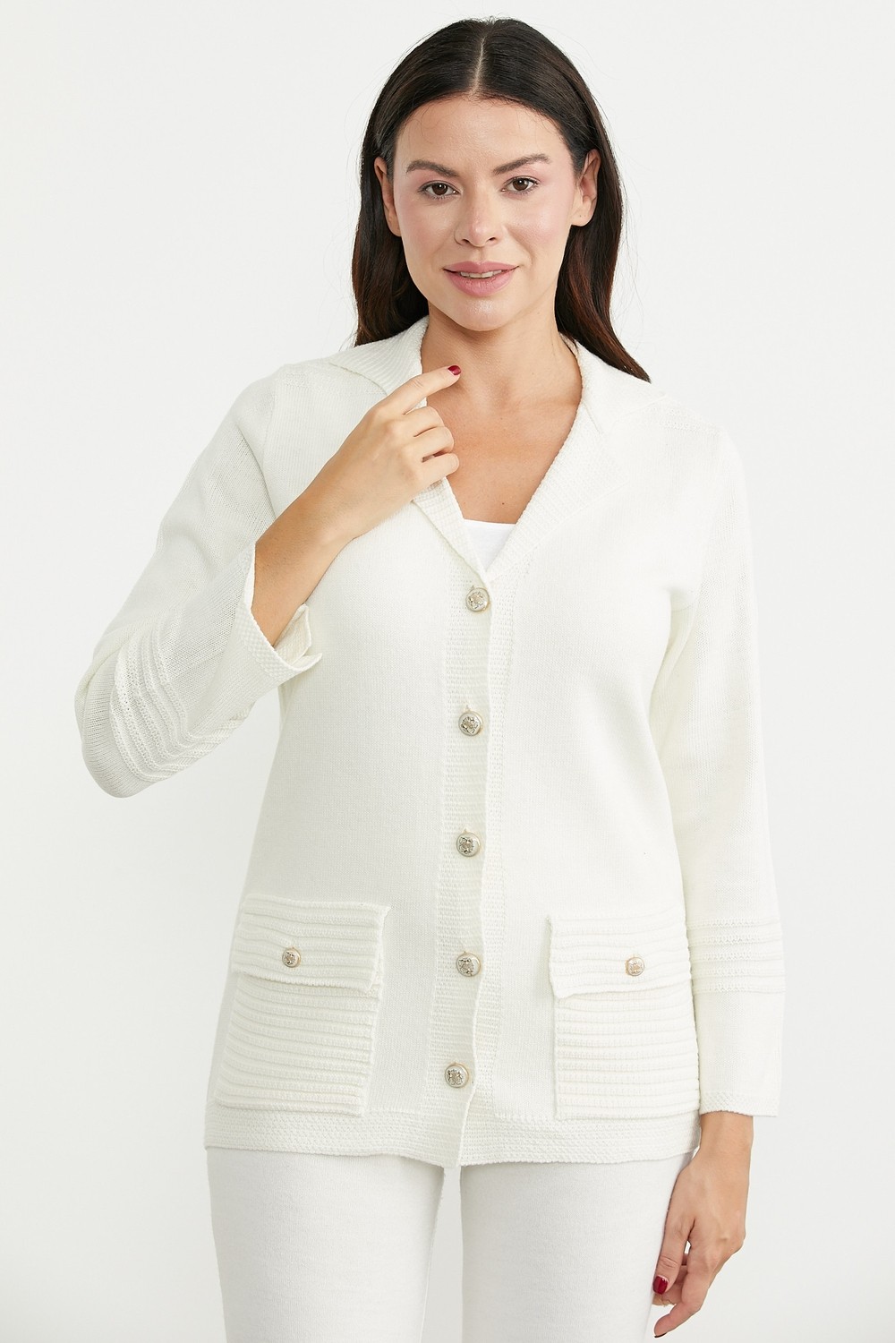 Sementa Metal Düğme Detaylı Yünlü Uzun Triko Ceket - Taş görsel 8