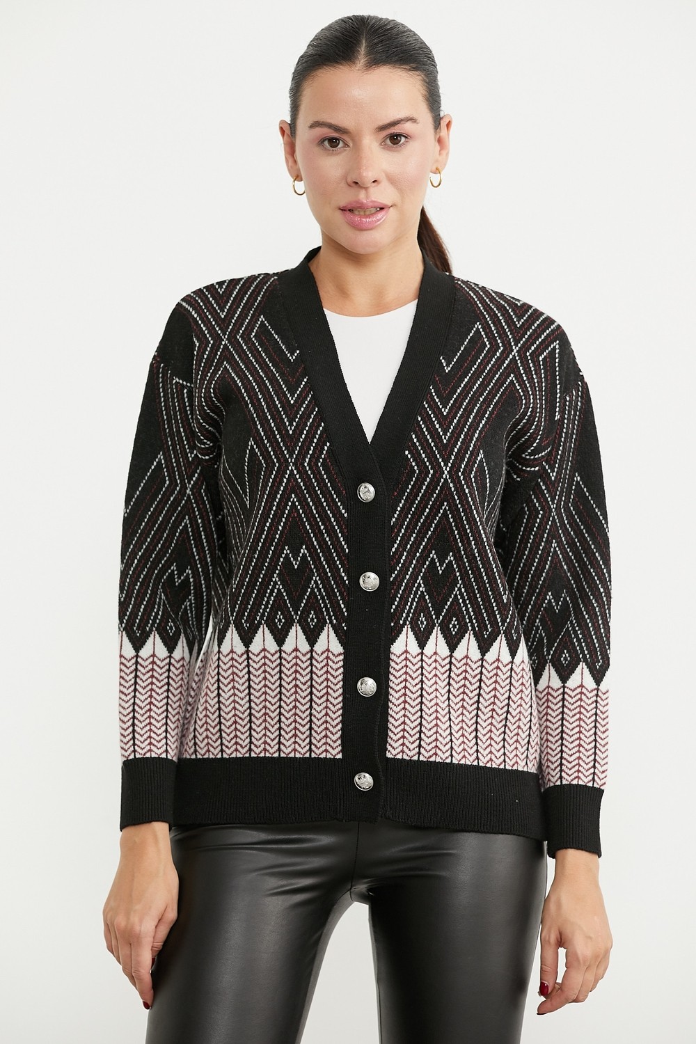Sementa Oversize Desenli Triko Hırka - Kahve görsel 7