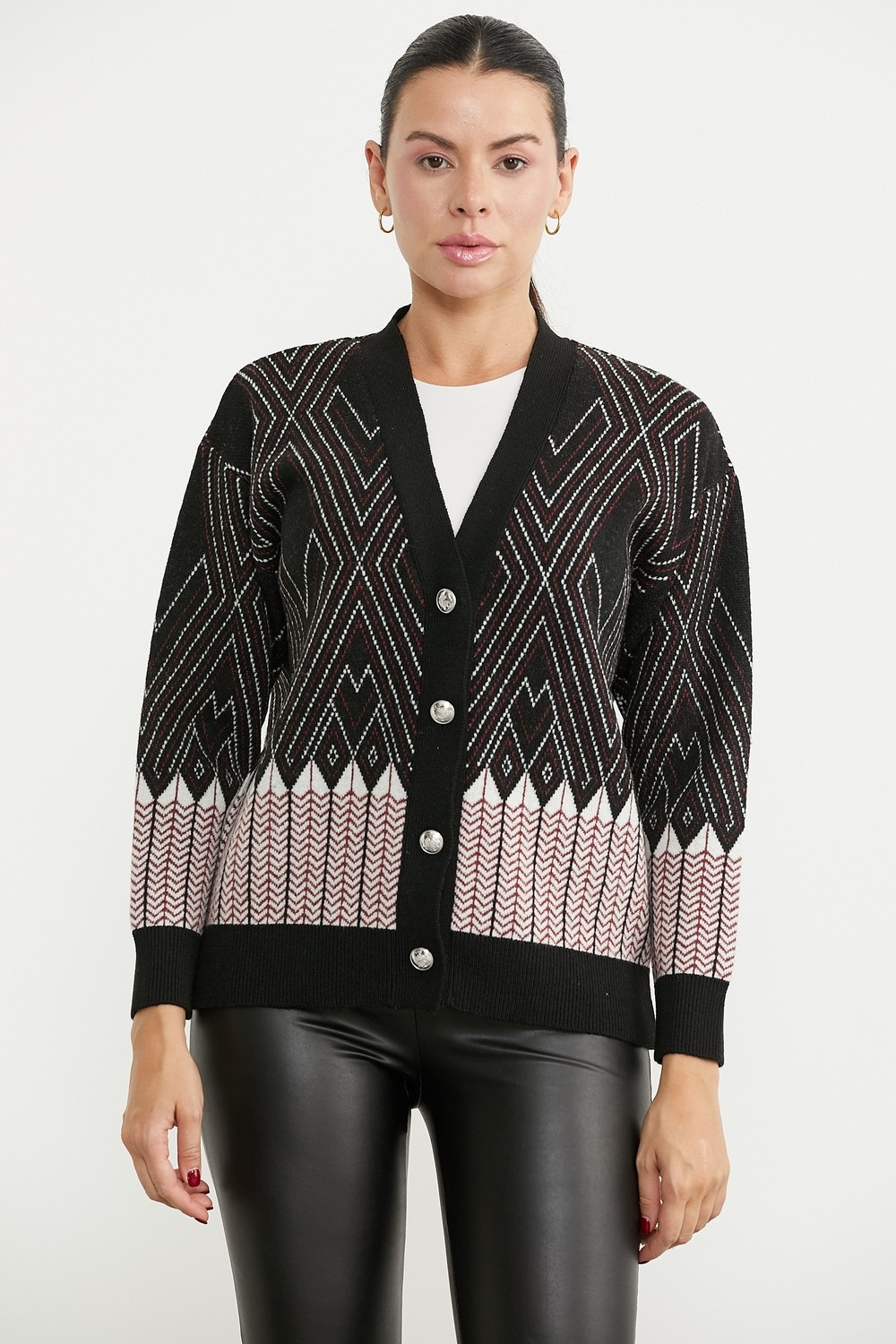 Sementa Oversize Desenli Triko Hırka - Kahve görsel 8