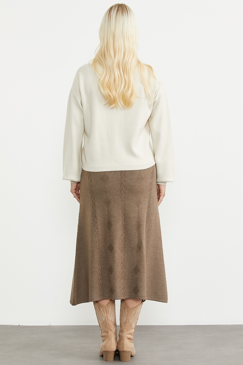 Sementa Midi Boy Motifli Triko Etek - Açık Bej görsel 6