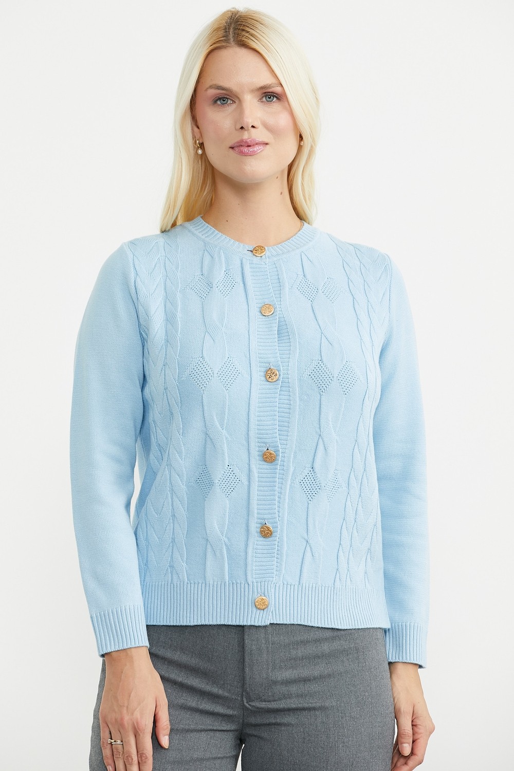 Sementa Motifli Yuvarlak Yaka Triko Hırka - Mavi