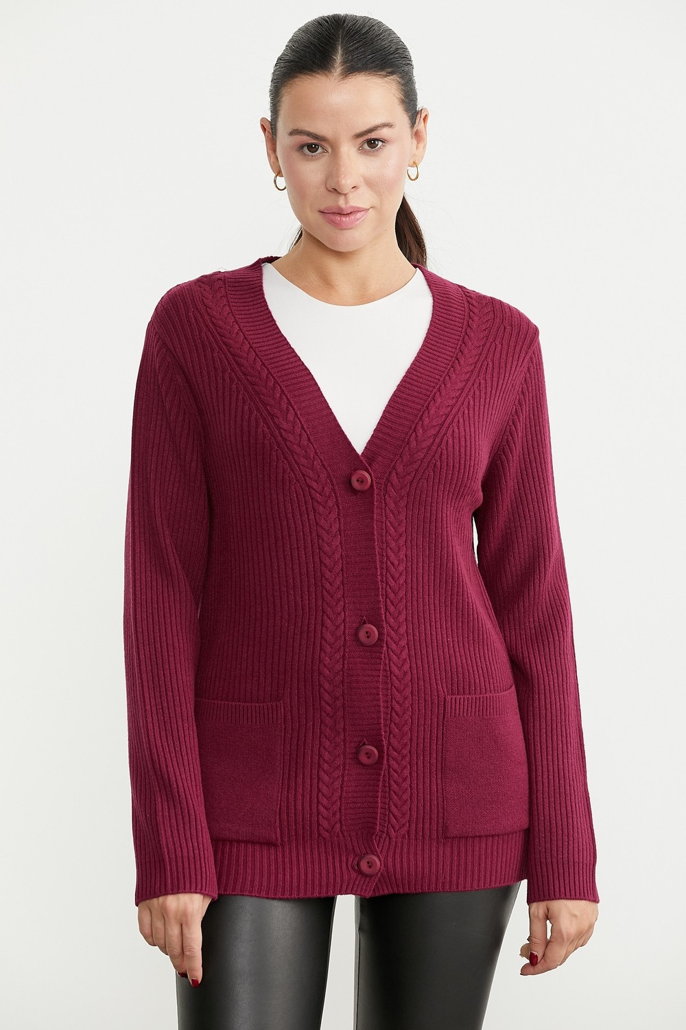 Sementa Cepli Oversize Düğmeli Triko Hırka - Bordo